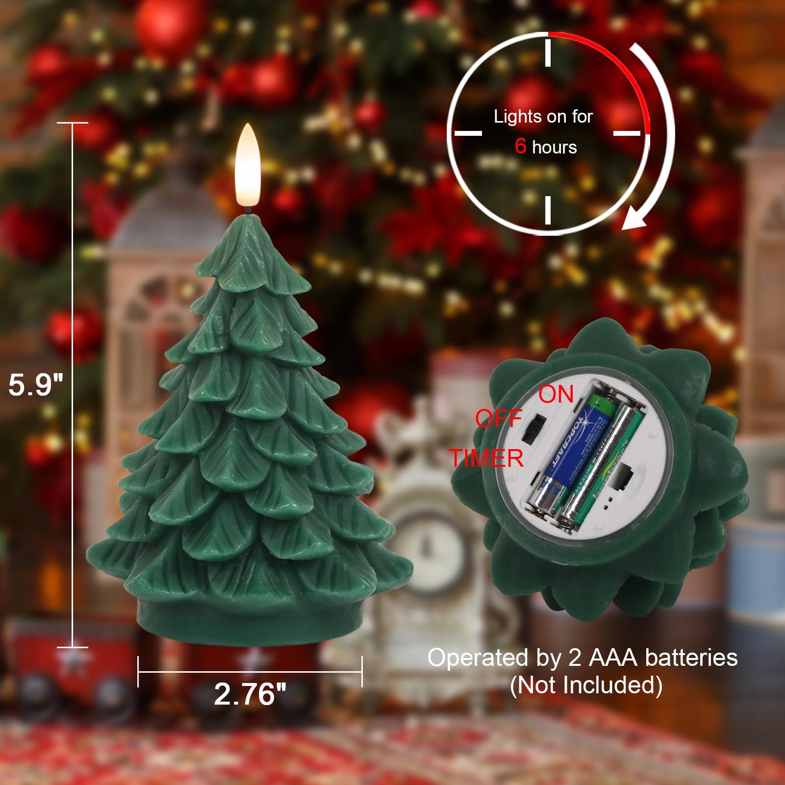 Lasumora Christmas Tree Shaped Led Candles With 6H Timer, 2 Pcs Flameless Pillar Candles Flickering, Battery Operated Led Candle