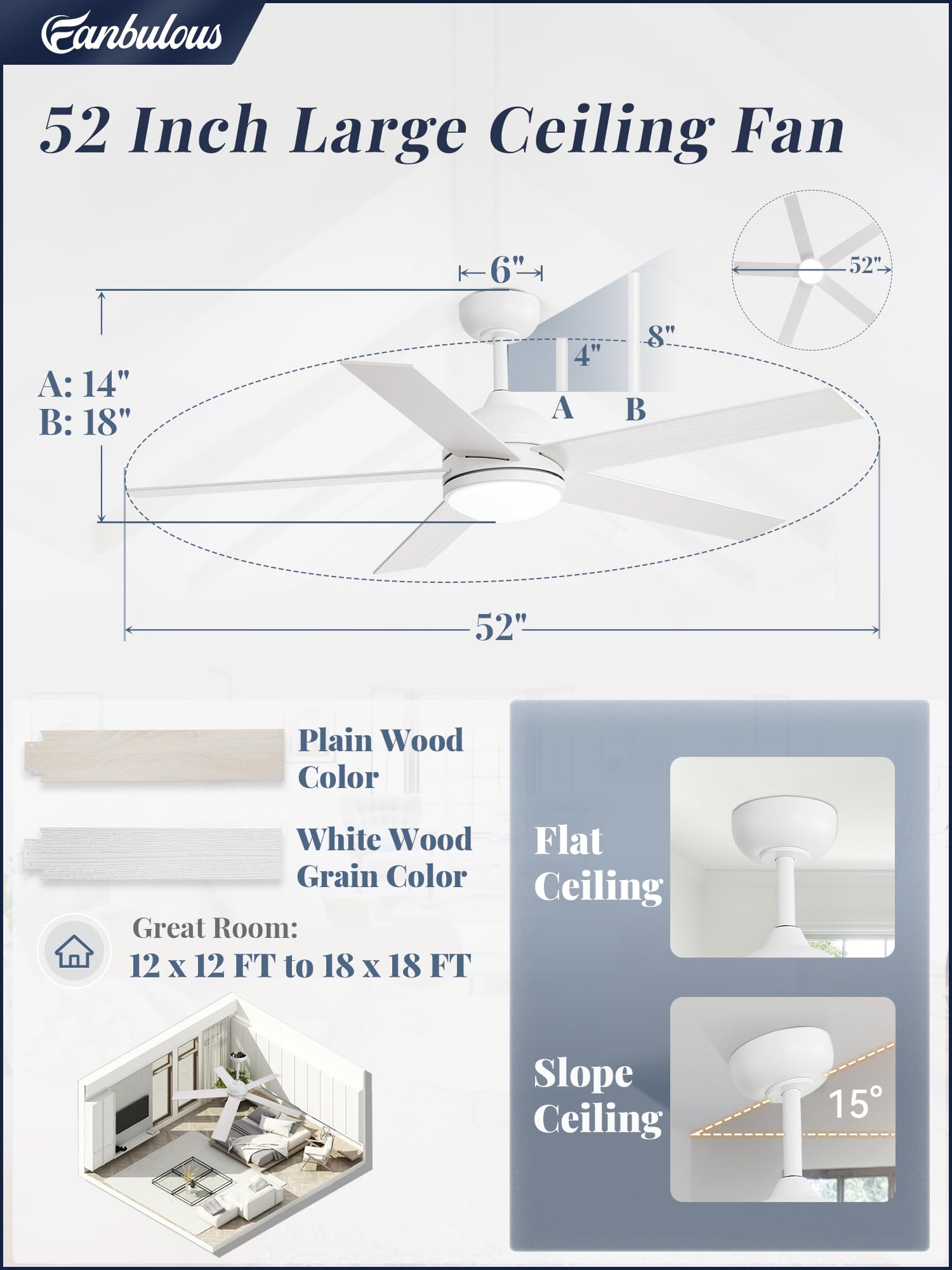 Fanbulous 52 Inch Ceiling Fans, White Ceiling Fan With Light And Remote, Modern Led High Cfm Fan Lighting Fixture For Bedroom, K