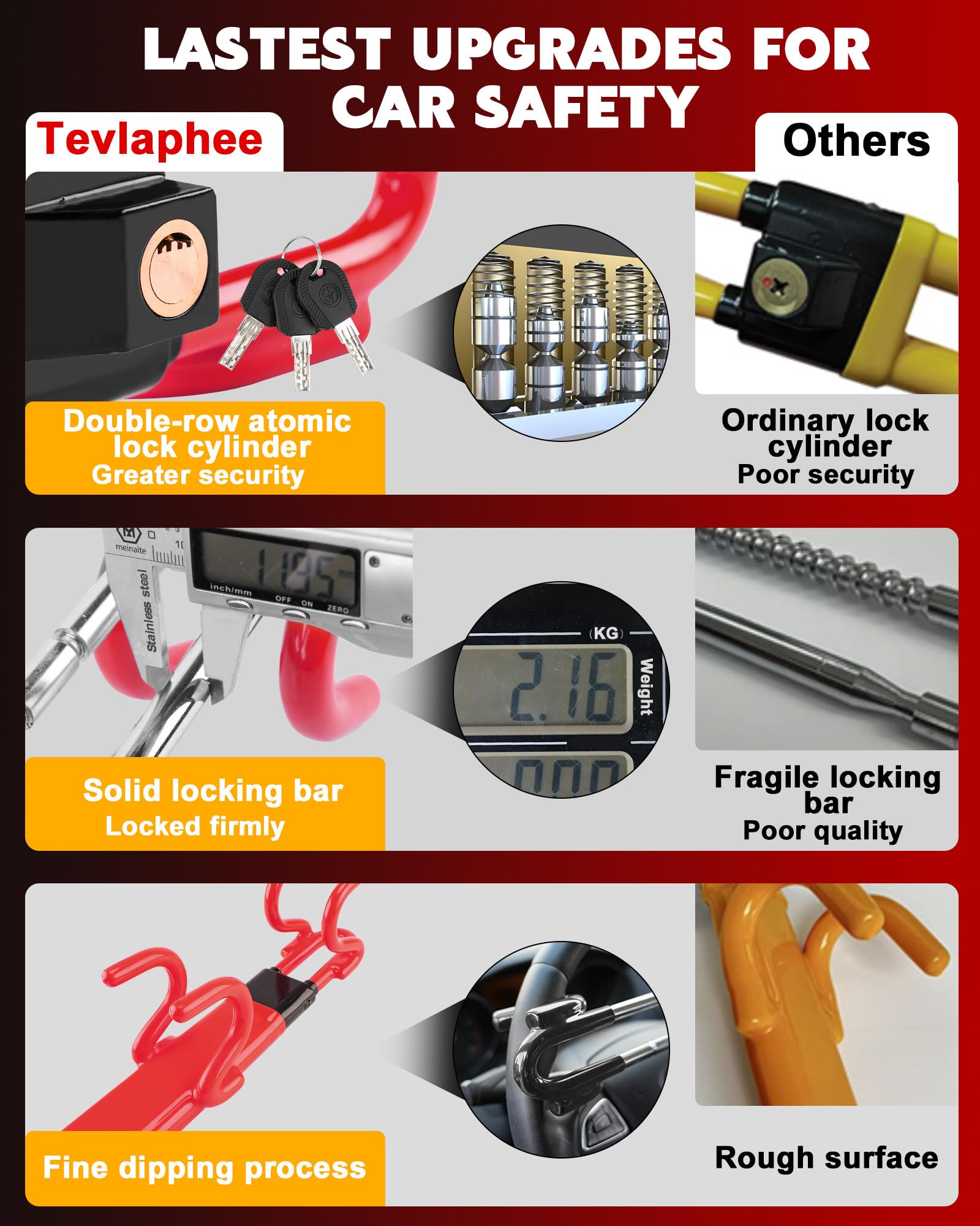 Tevlaphee Steering Wheel Lock Anti-Theft Car Device Heavy Duty Security Car Lock Antitheft Locking Devices Great Deterrent Adjus