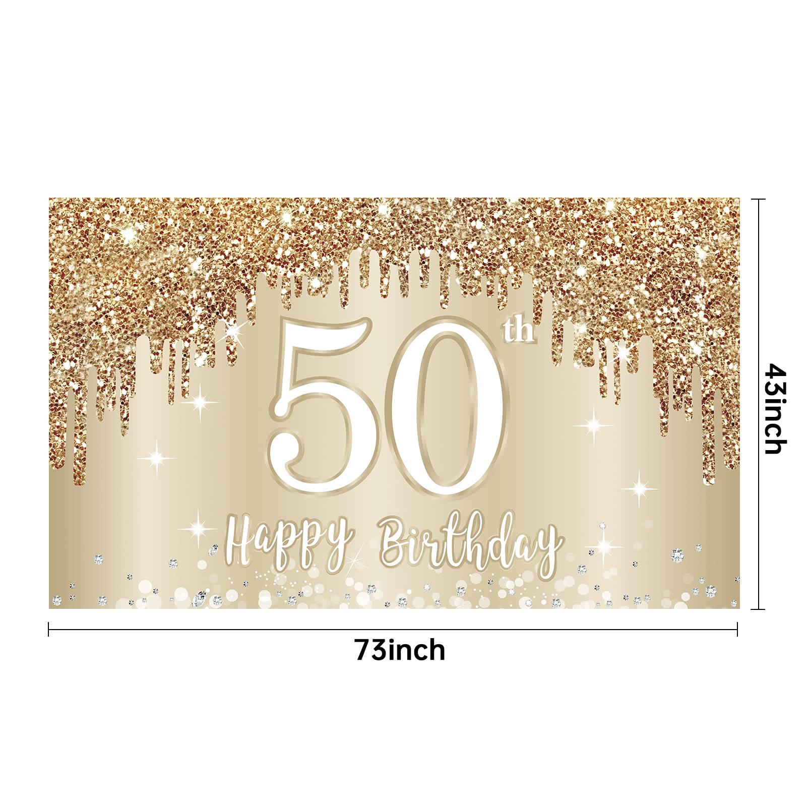 Zirtorei Happy 50th Birthday Banner Backdrop, Gold White Photo Booth Decoration, 72.8 x 43.3 Inch Party Supplies for Women