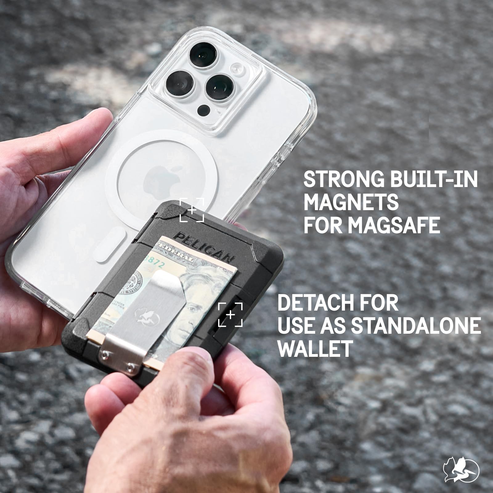Pelican Magnetic Money Clip Wallet [Card Holder] [Rfid Blocking] Heavy Duty Mil Std Snap On Magsafe Wallet For Iphone   Detachab
