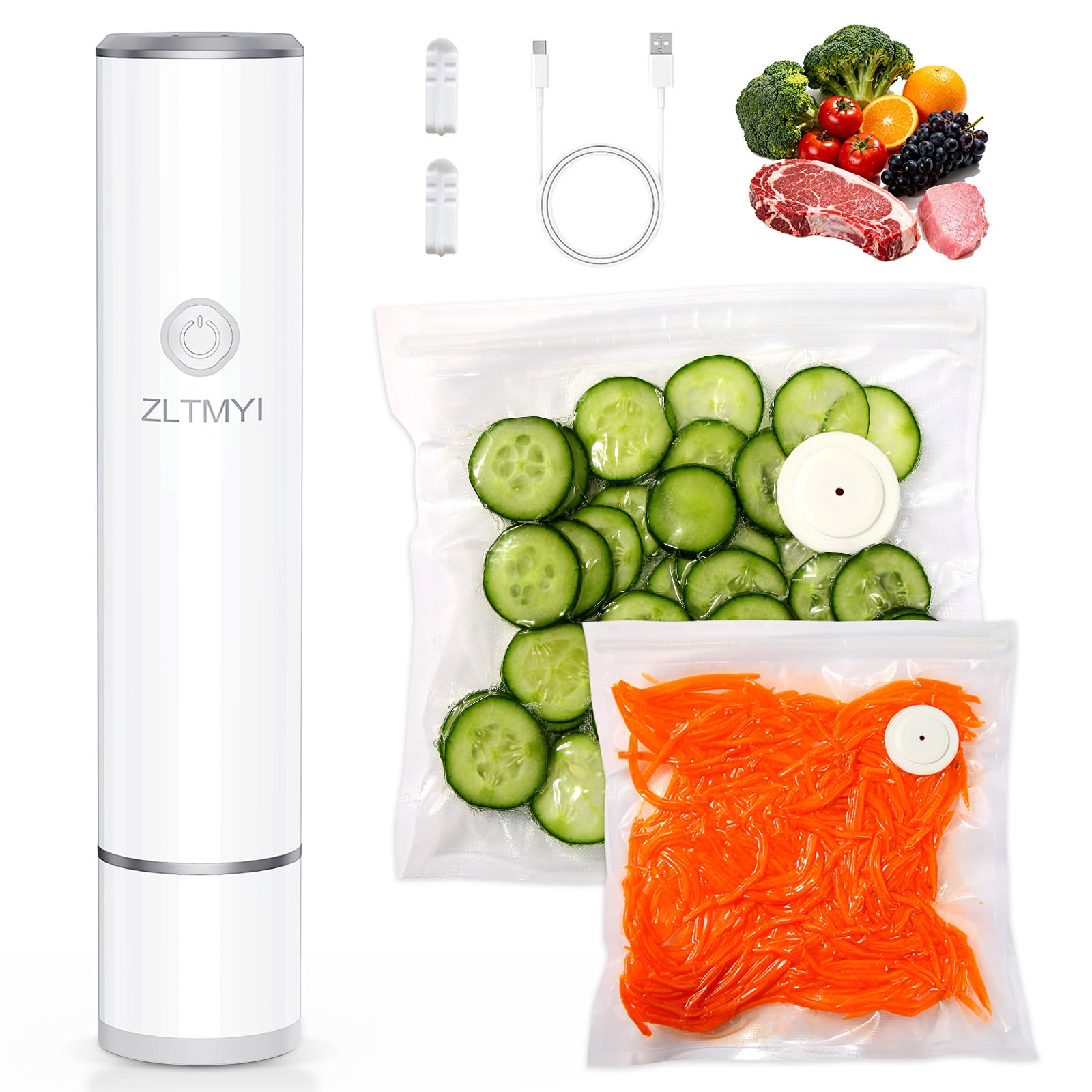 Handheld Vacuum Sealer for Food, 65kPa Portable Vacuum Pump with 30 BPA-Free Reusable Food-Grade Bags, Type-C Rechargeable for M