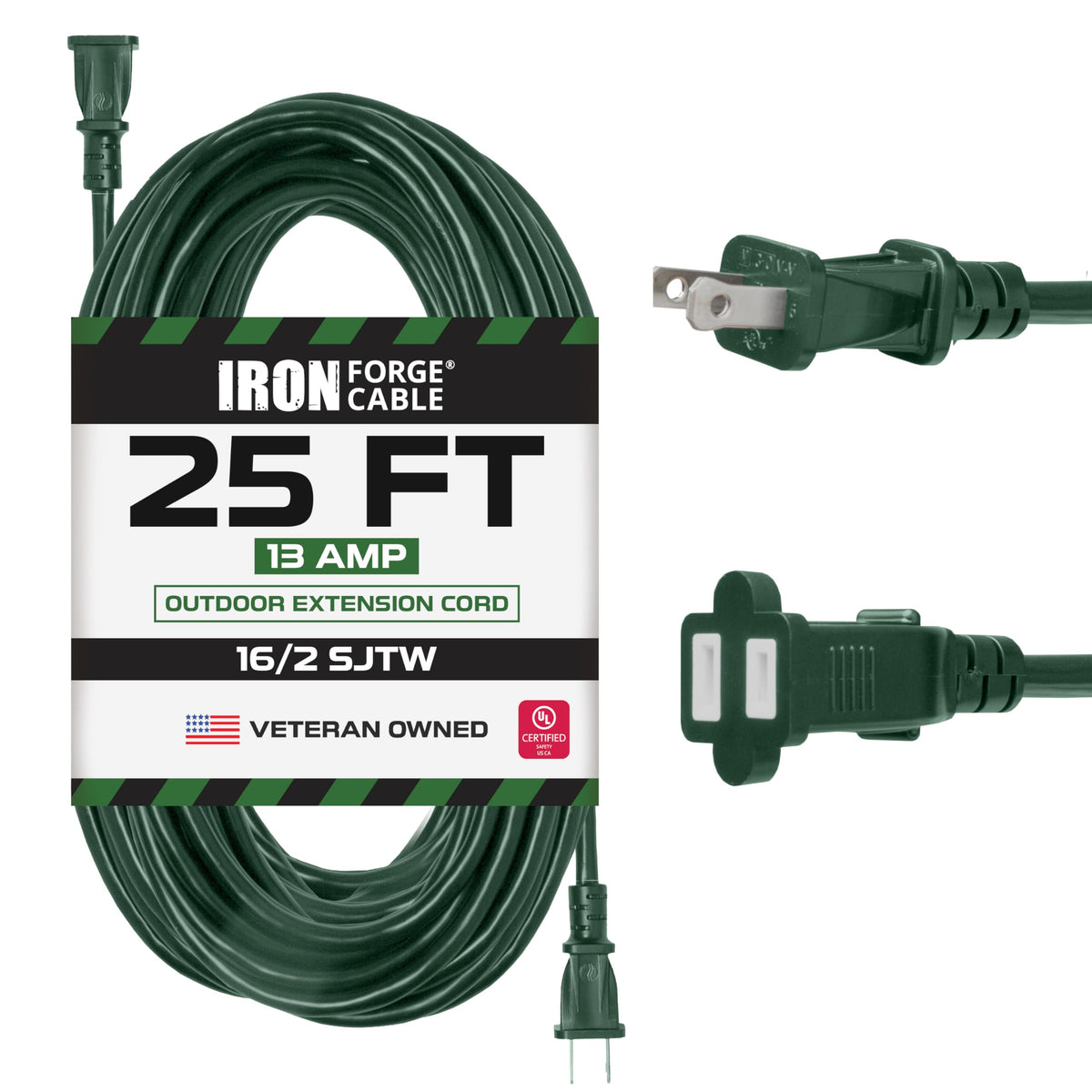 Iron Forge Cable Weatherproof Outdoor Extension Cord 25 Ft, 13 Amp Green Extension Cord With 2 Prong Polarized Plug, Sjtw 16 Awg