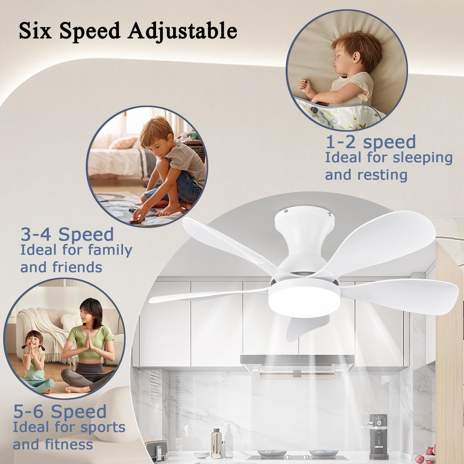 Fumltp 33In Low Profile Ceiling Fans With Lights And Remote/App Control, White Modern Flush Mount Ceiling Fan With 5 Reversible