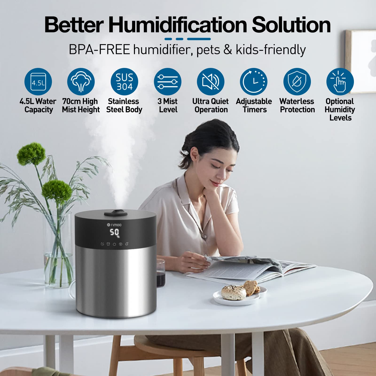 Rimoo Stainless Steel Humidifier, Easy To Clean Humidifier With 304 Stainless Steel Tank, Cool Mist Humidifiers For Bedroom With