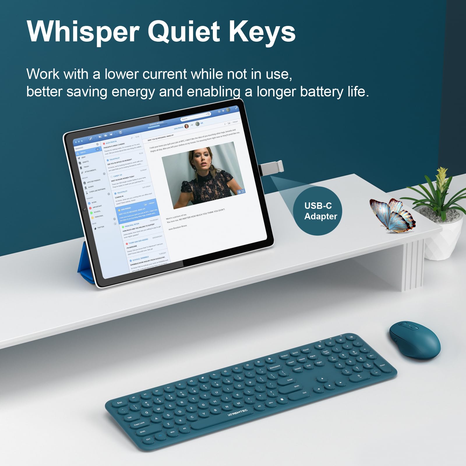 XTREMTEC Wireless Keyboard Mouse Combo - Ultra Slim, Silent, USB Receiver, Navy Blue-A