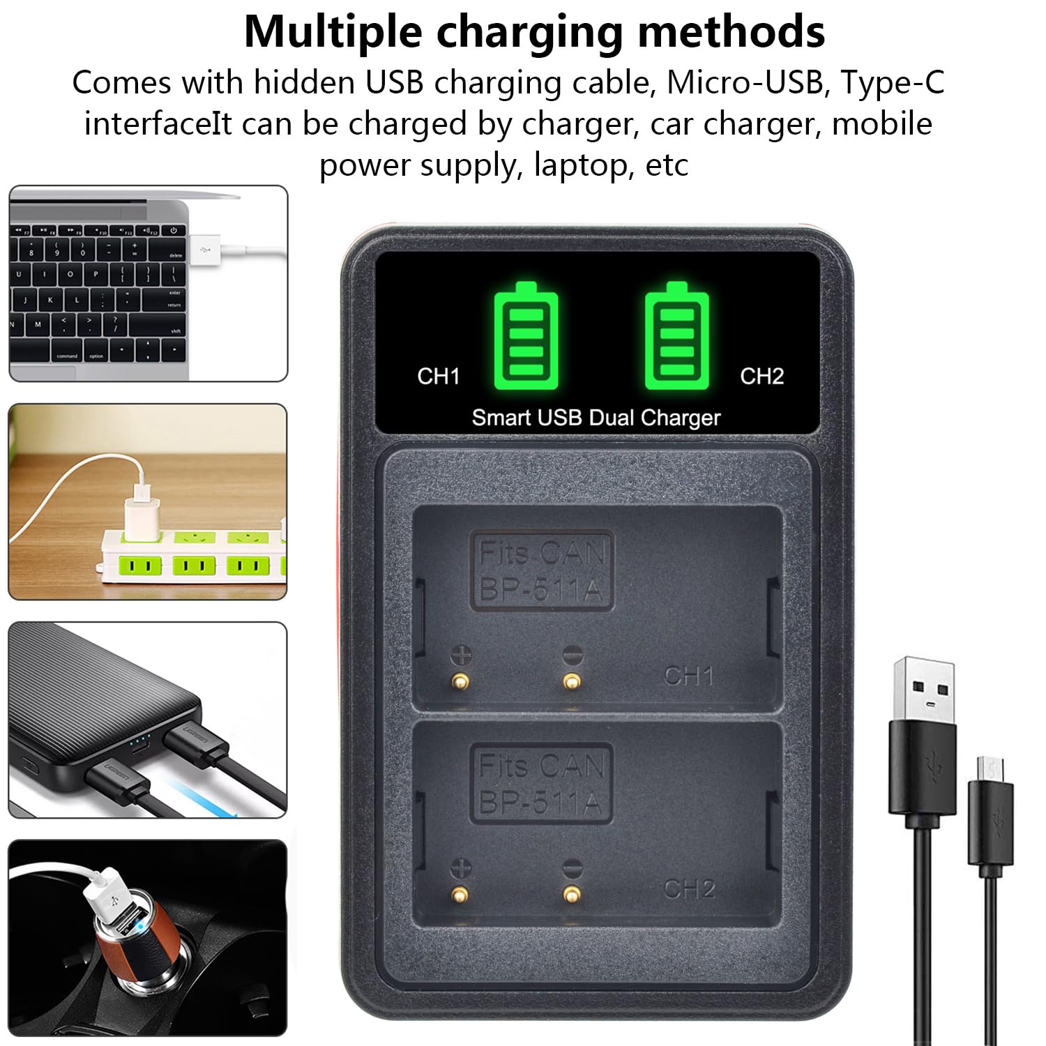 Powertrust 2 Pack Bp 511 Bp511A Battery And Lcd Usb Dual Charger For Canon Eos 40D 300D 5D 20D 30D 50D