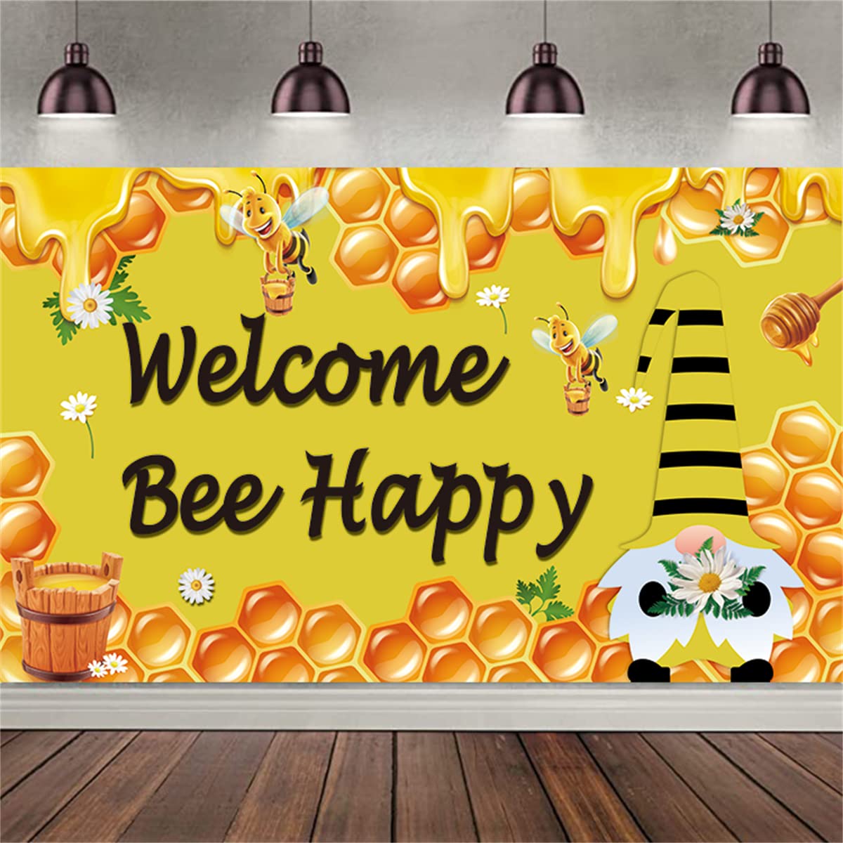 Kymy Welcome Bee Happy Backdrop Banner With 70.8X43.3Inch, Honey Bee Gnome Background For Photo Studio Props Seasonal Summer Far