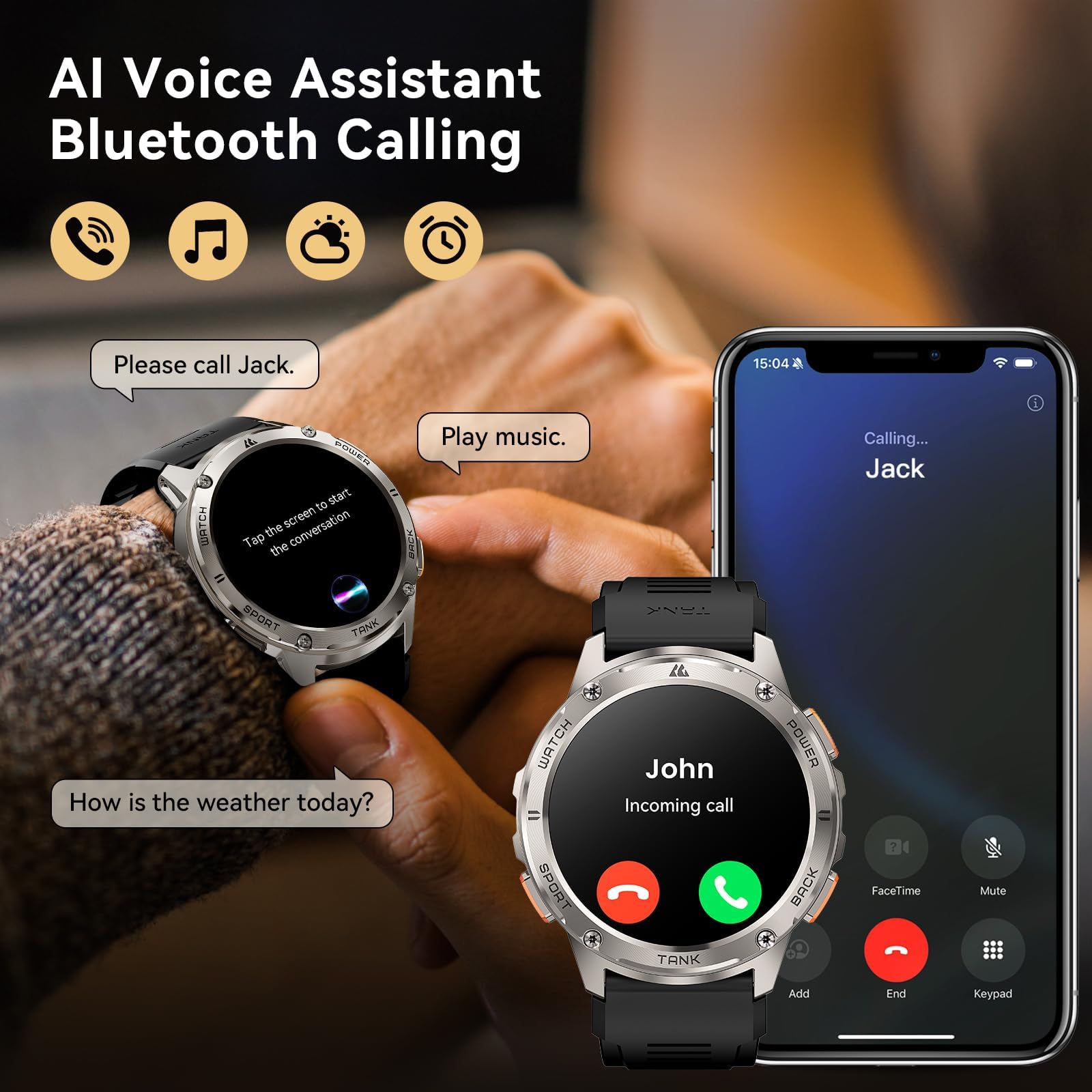 Amaztim Smart Watch, 60 Days Extra Long Battery, 5Atm Waterproof Swimming Diving, Full Metal Military Tactical, Answer/Make Call, 1.43' Amoled Display, Health Monitor Compatible For Iphone And Android