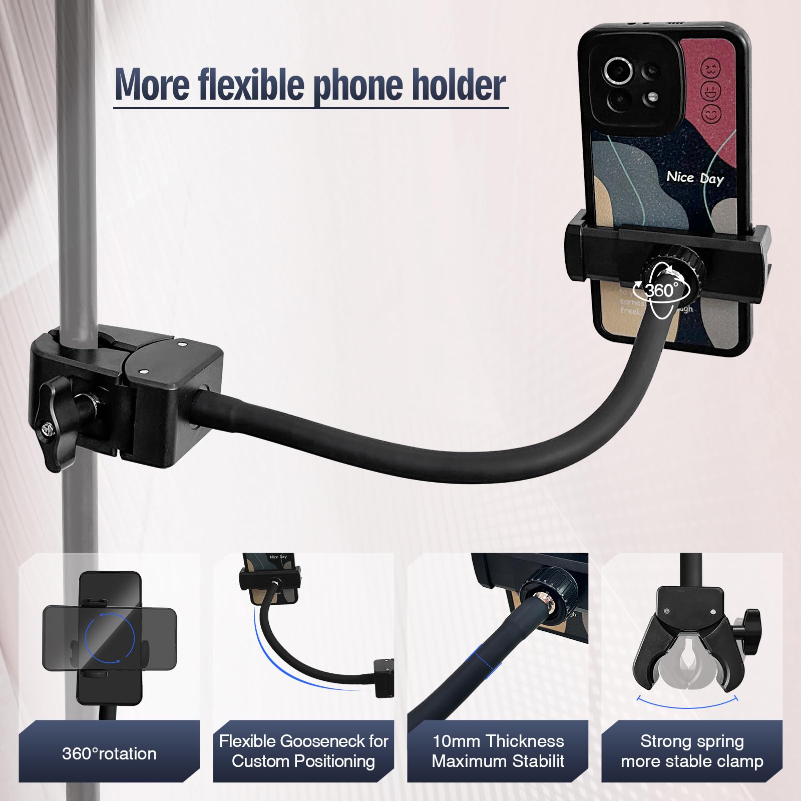 Clip Phone Holder For Desk,Pole,Pipe,Boom,Flat Surface With Adjustable Aluminium Arm Phone Clamp Mount For Mic Stand,Treadmill C