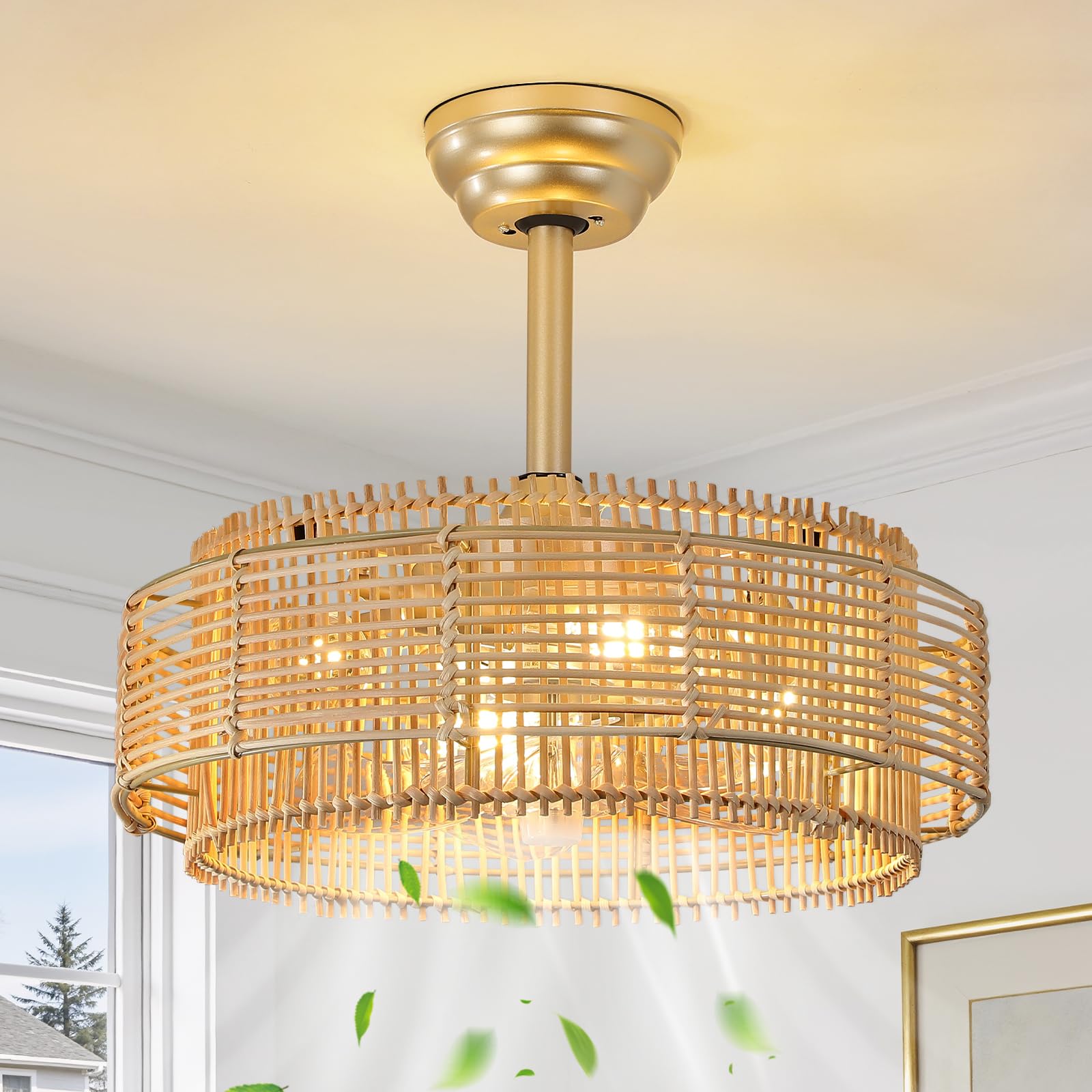 Rattan Boho Ceiling Fans Lights: 19.3 Layered Ceiling Fans with Light and Remote Control, Farmhouse Semi Flush Mount Fandelier