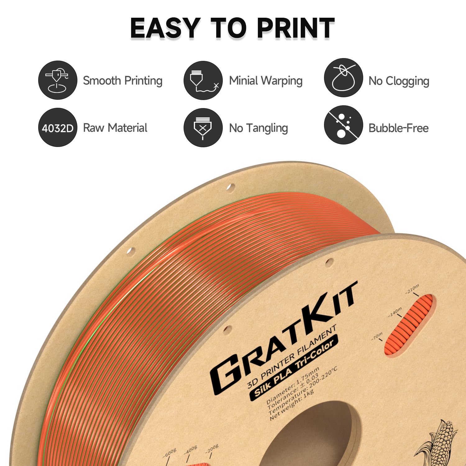 Gratkit Silk Tri Color Pla Filament,Coextrusion Pla Filament 1.75Mm,  0.03Mm, 1Kg/Roll, Silk Pla Orange & Blue & Green