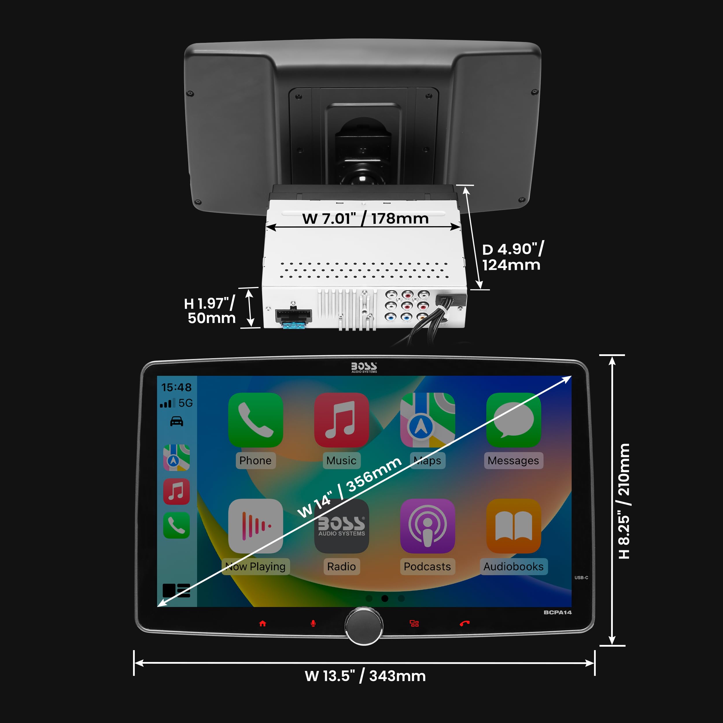 Boss Audio Systems Bcpa14 Car Stereo - Apple Carplay, Android Auto, Single Din, 14 Inch Capacitive Lcd Touchscreen, Bluetooth, N