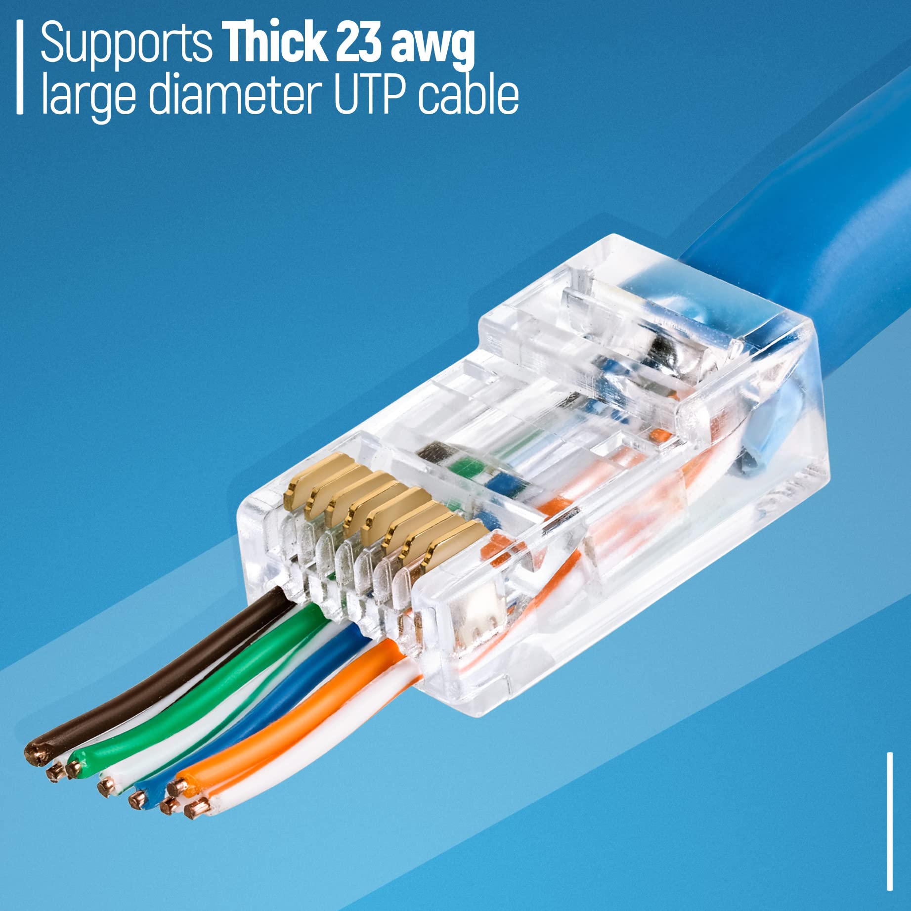 Gtz Rj45 Cat6/6A Pass Through Connectors For A Thick 23 Awg Large Diameter Utp Network Cable, 200 Pcs | Insert Guides Included