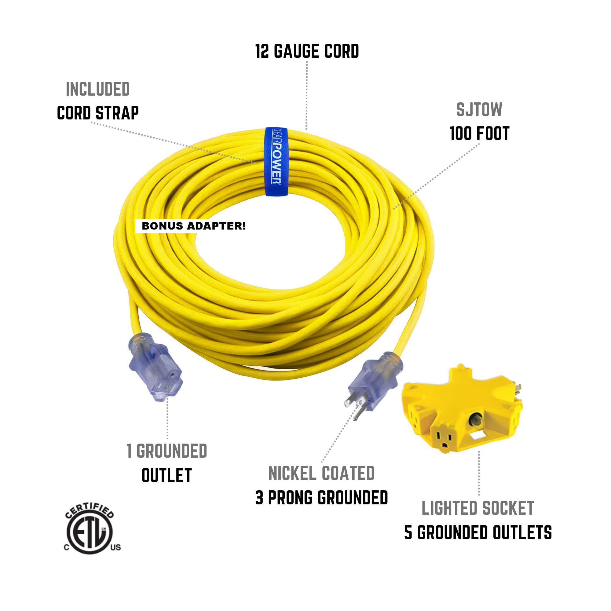 Clear Power 100 Ft 12/3 Sjtow Extra Heavy Duty Contractor Grade Extension Cord With 5 Outlet Adapter Combo, Oil Water & Weather