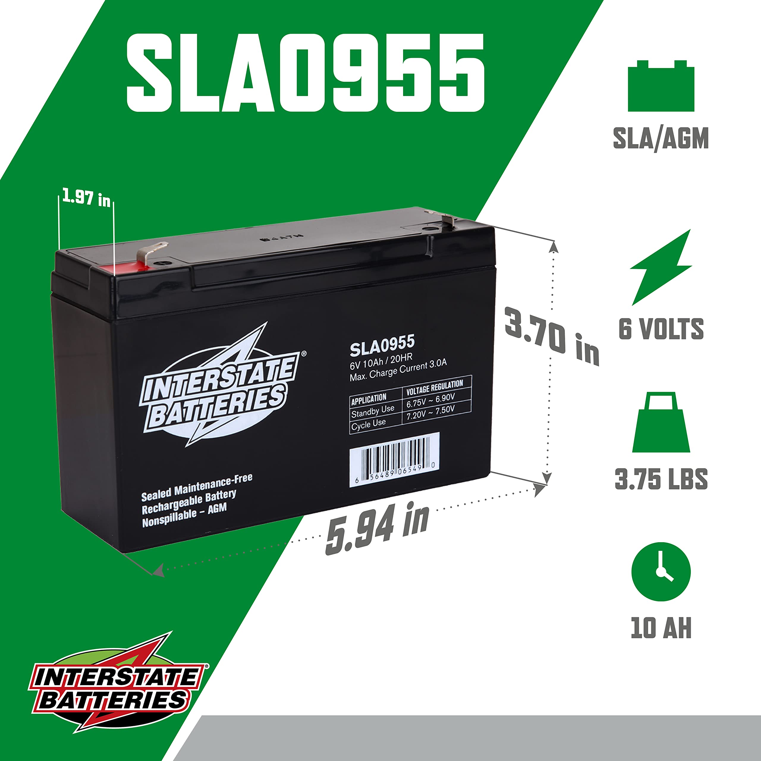 Interstate Batteries Power Patrol 6V 10Ah Battery (Sla0955) Sealed Lead Acid Rechargeable Sla Agm (F1 Terminal) Ups Power Soluti