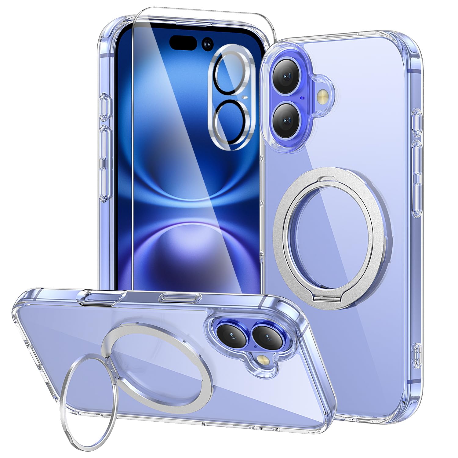 toushion 3 in 1 for iPhone 16 Case Clear with Stand, Not Yellowing, Flexible Stable Stand,Kickstand,fits MagSafe,Military-Grade 