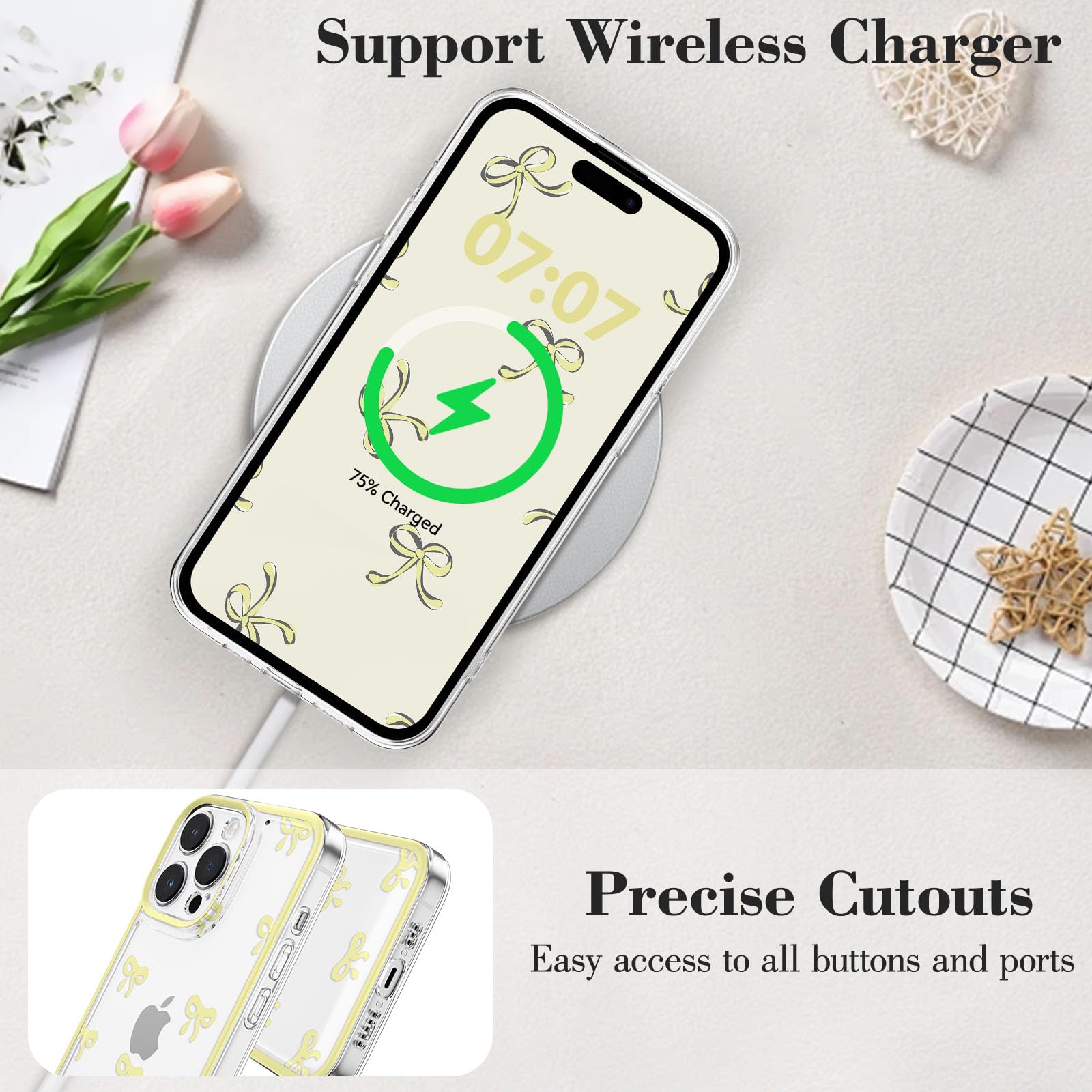 Eyzutak Case For Iphone 15 Pro Max, Clear Cute Ribbon Bowknot Pattern Aesthetic Transparent Phone Case Raised Camera Protection