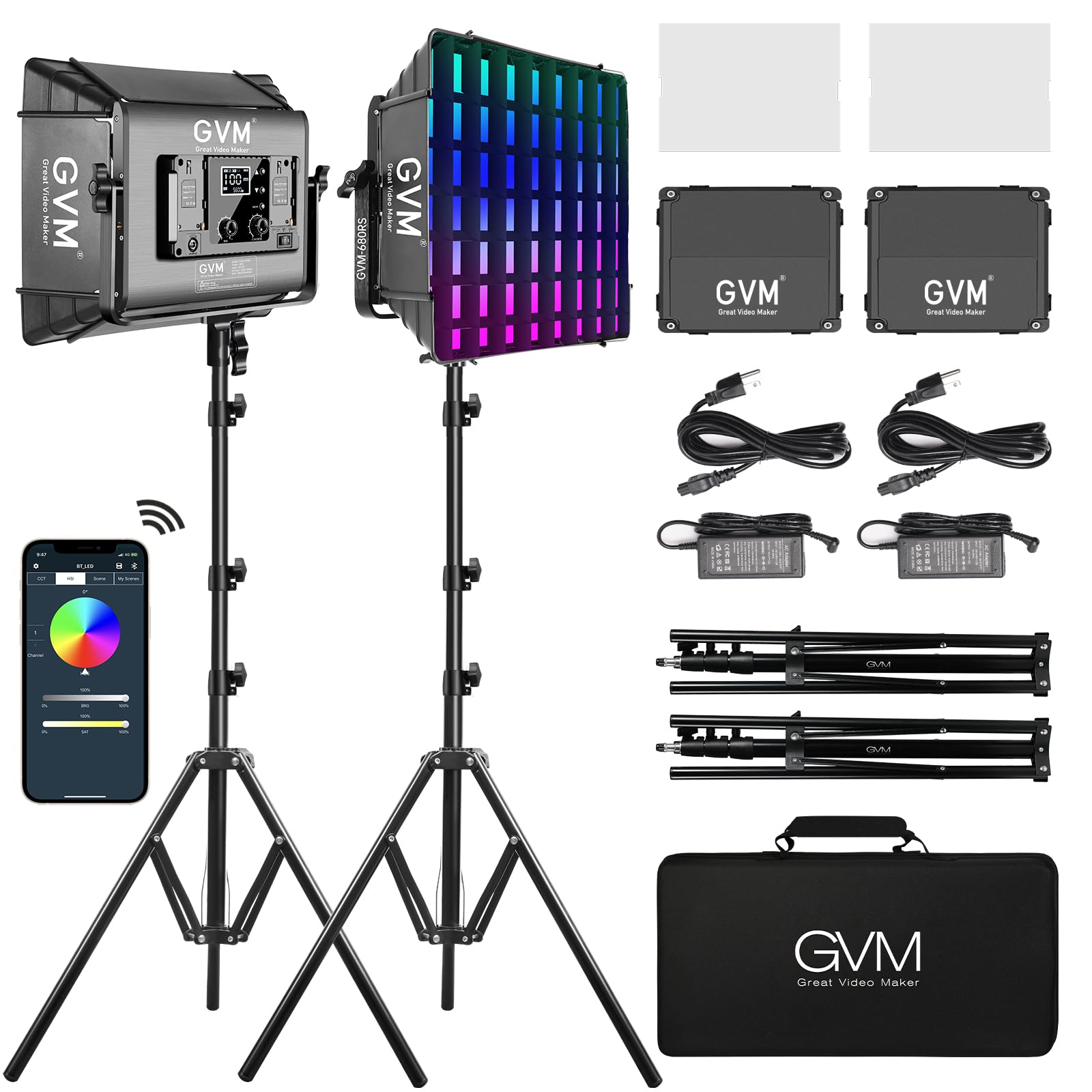 Gvm Rgb Photography Lighting Kits With 2 Softboxes, 680Rs 50W Studio Lights With Bluetooth Control, 2 Packs Video Light With 18