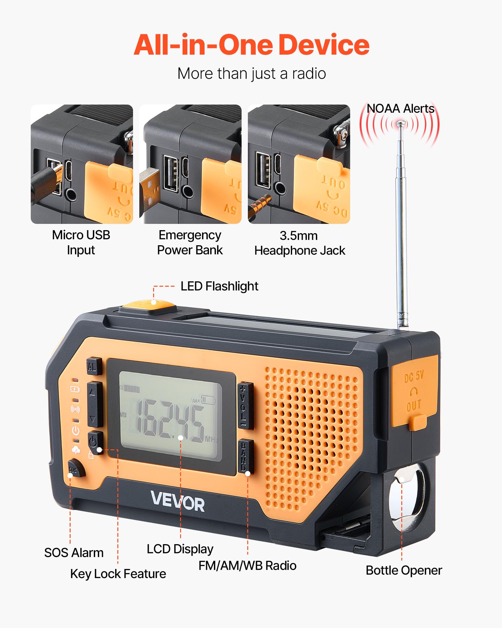 Vevor Emergency Weather Radio, 2000Mah Battery, Fm/Am/Wb/Noaa Alert Solar Hand Crank Emergency Radio, With Usb Charging Cable, S