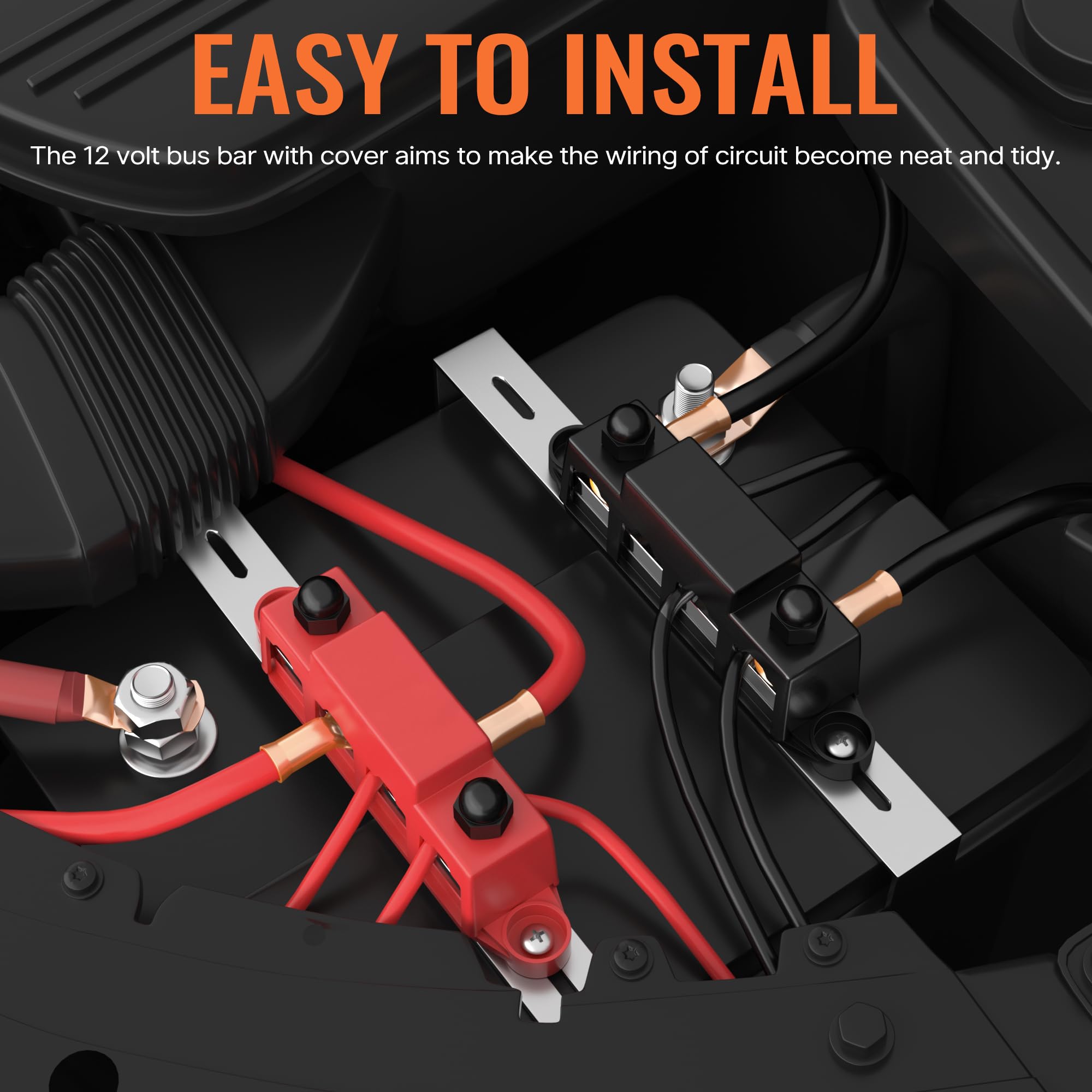 Joinfworld 400A Bus Bar 12V Power Distribution Block With 4 X 3/8' Studs 12 Volt Marine Copper Battery Busbar Terminal Block For Car, Boat, Automotive, Rv, Solar Wiring   Negative&Positive