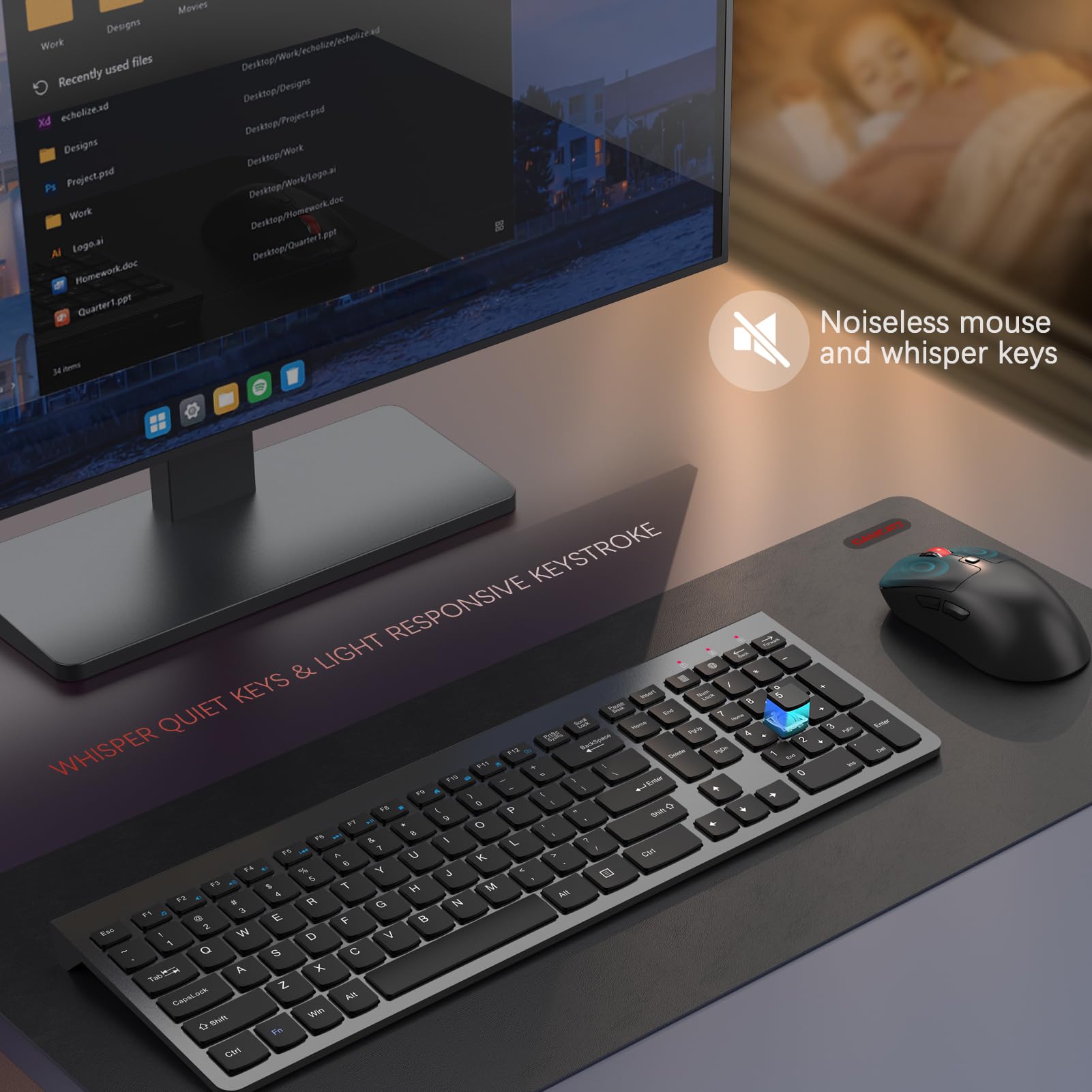 Gamcatz Wireless Keyboard And Mouse Combo,Quiet Click,Full Size Design With Number Pad,Ergonomic Mouse With 5 Dpi,Sleep Mode 2.4G Silent Portable Cordless Combo For Laptop/Pc/Computer/Mac(Grey)