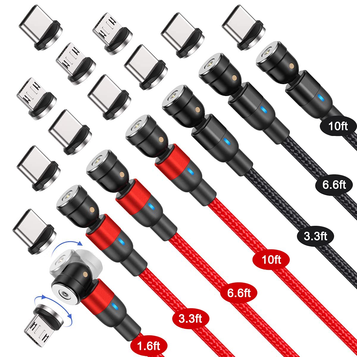 Bojianxin 540� Rotation Magnetic Charging Cable(7 Pack, 1.6Ft/3.3Ft/3.3Ft/6.6Ft/6.6Ft/10Ft/10Ft) Magnetic Usb Cable, 3 In 1 Magnetic Phone Charger Compatible With Micro Usb, Type C Etc