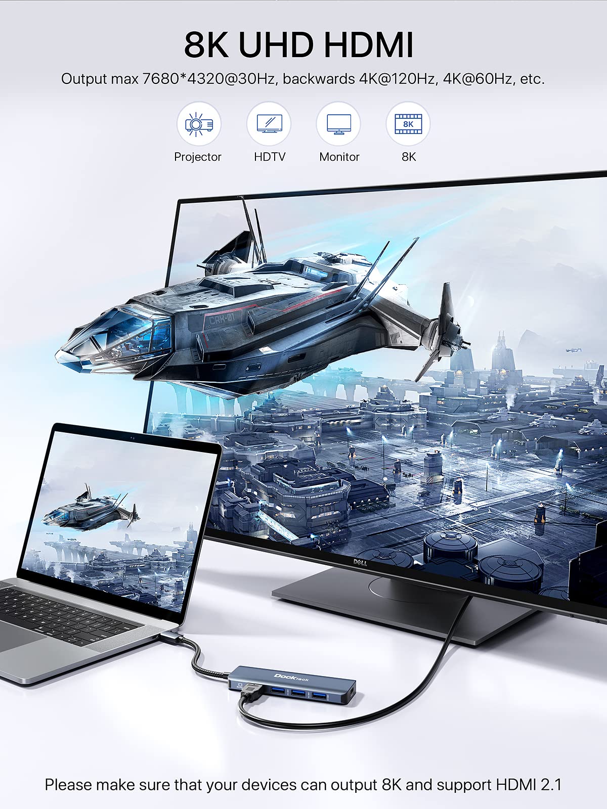 8K Hdmi Usb C Hub, 5 In 1 Usb C Multiport Adapter, Dockteck Usb Dock Dongle With 8K 30Hz/4K 120Hz/4K 60Hz Hdmi, 100W Pd, 3 X Usb