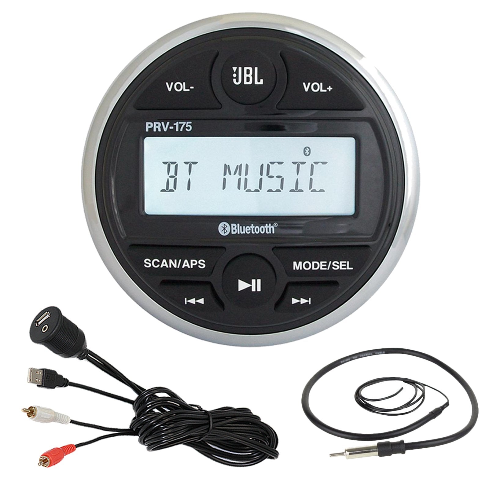 JBL PRV-175 Marine Gauge Hole Mount USB Bluetooth AM/FM Digital Stereo Receiver, USB 3.5MM AUX to RCA Interface Mount Cable + 22