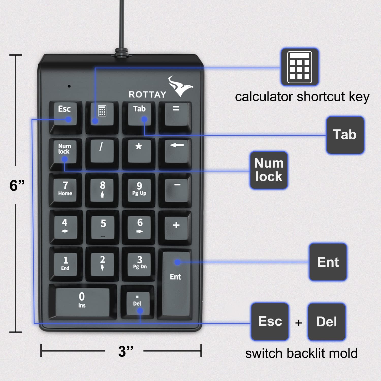 Rottay Number Pad, Mechanical Usb Wired Numeric Keypad With Blue Led Backlit 22 Key Numpad For Laptop Desktop Computer Pc Black