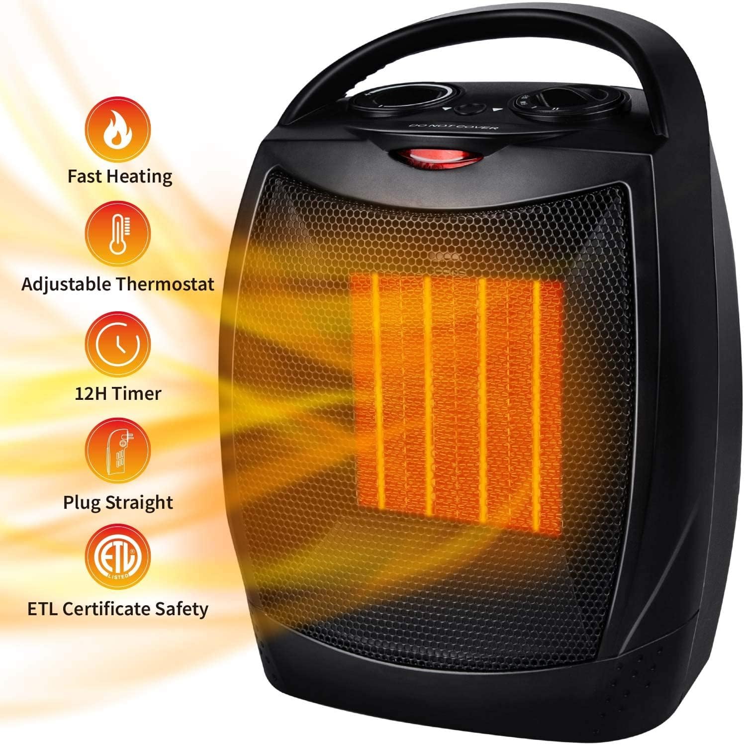 Smart Space Electric Heater, Adjustable Thermostat/Temperature Detection/Timer,Fast Heating, Portable Fan Heater With 3 Heat Set
