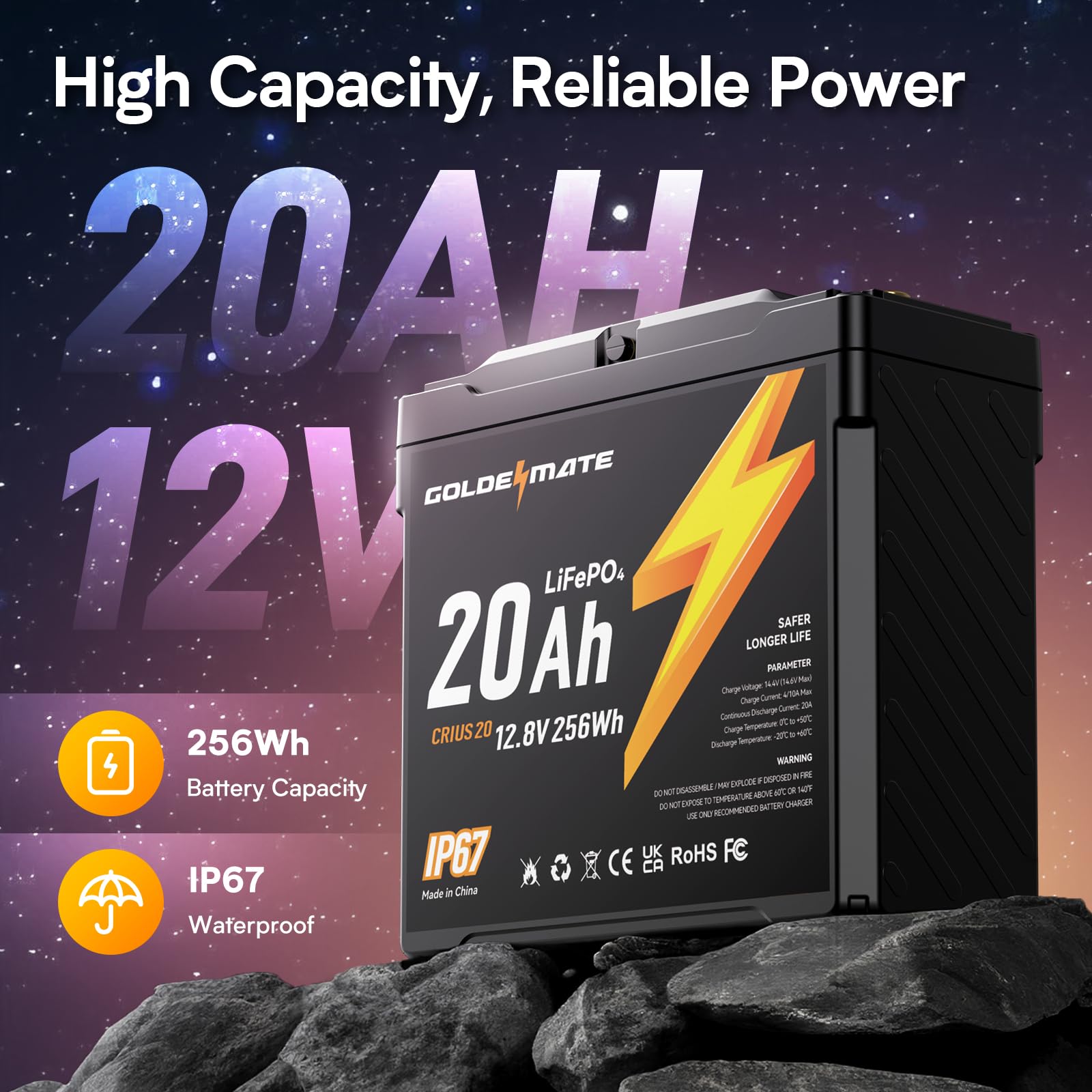Goldenmate 12V 20Ah Lifepo4 Battery(2 Packs), Ip67 Waterproof, 12V Lithium Battery With 5000+ Deep Cycles, Built-In Bms & Premiu