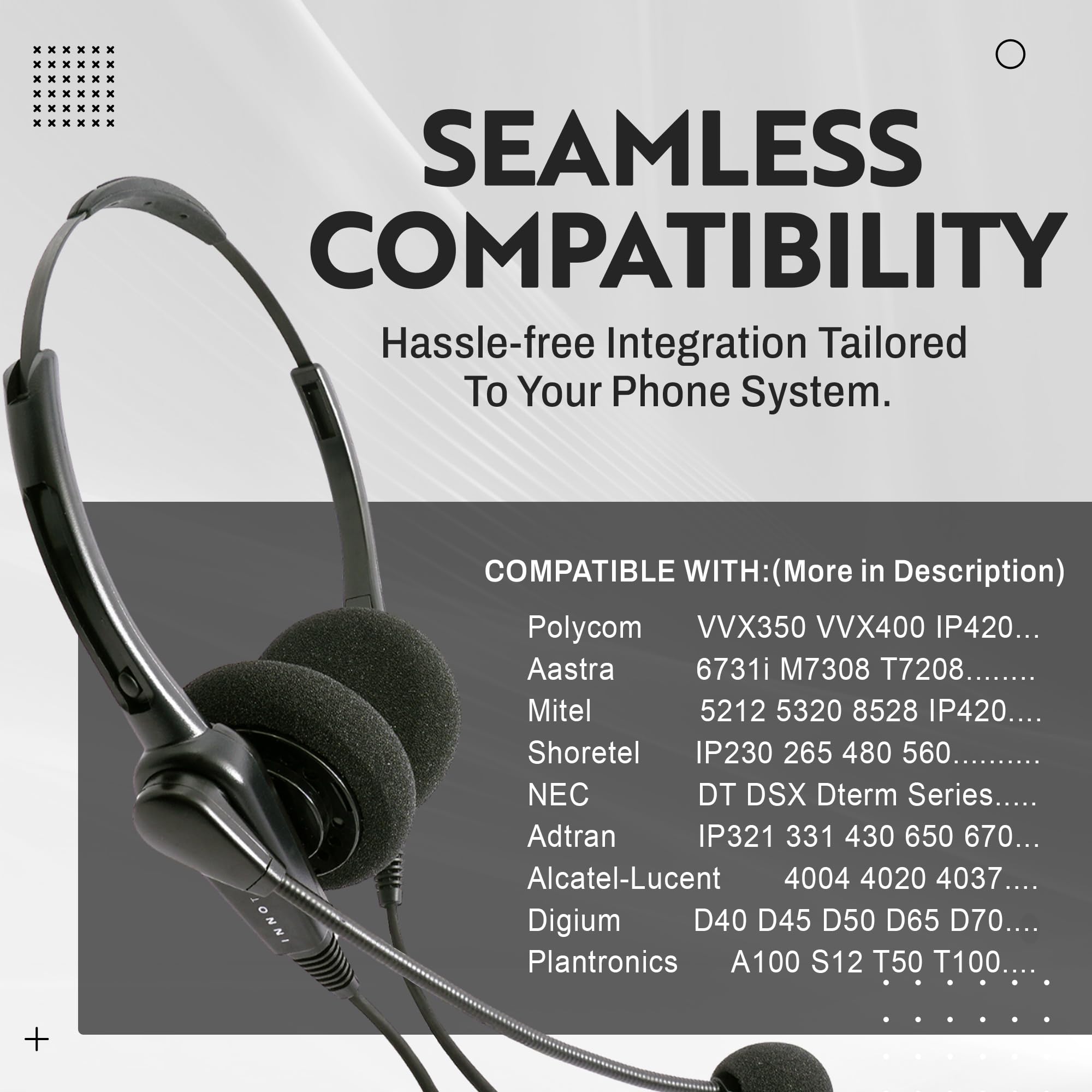 Innotalk   Rj9 Classic Binaural Office Phone Headset & Qd Pigtail Adapter With Noise Canceling Mic, Call Center Phone Headset, H