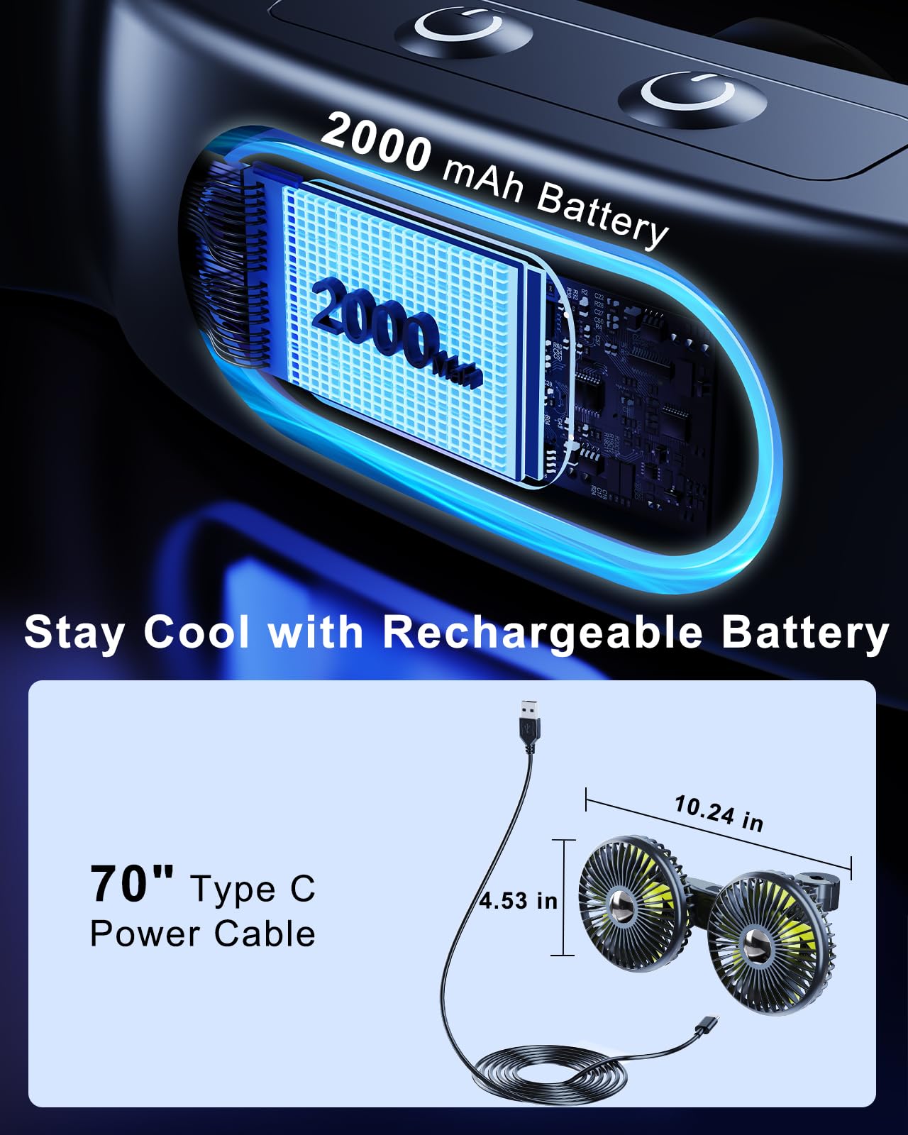 Nauttxon Battery Fan For Car Backseat, 360Rotatable Car Fans For Backseat For Kids, [Comes With Car Charger&Usb C Cable] 3 Speed