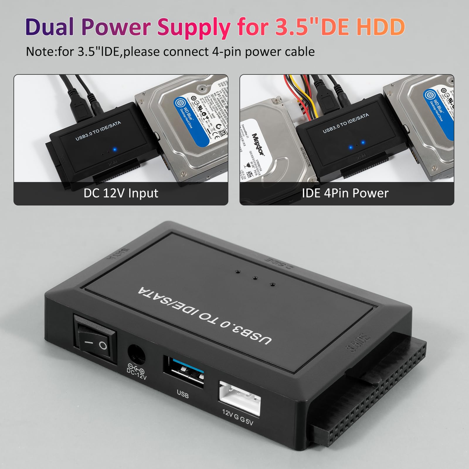 ZWWLRE USB 3.0 to SATA IDE Hard Drive Adapter Cable 2.5/3.5 inch HDD SSD 01IDE Black