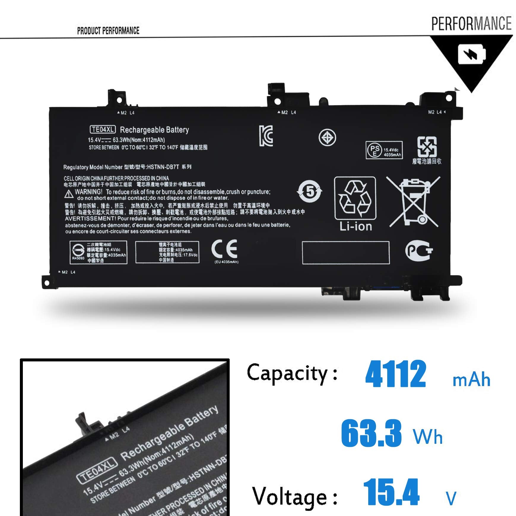 Emaks TE04XL Laptop Battery for HP Omen 15-ax200 Pavilion 15-bc200 Series 15.4V 63.3Wh Black