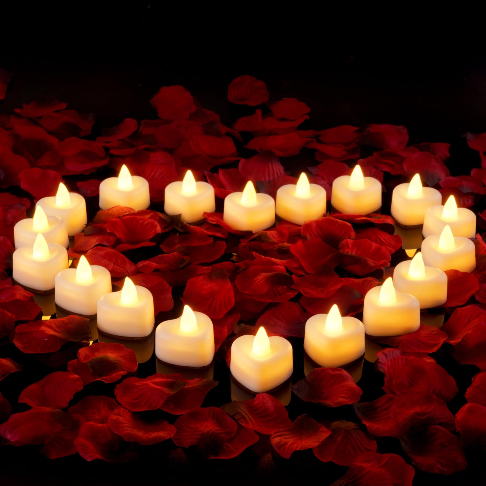Amagic 2000 Pieces Artificial Rose Petals With 24 Heart Led Tea Lights Candles Kit, Rose Petals And Candles Set For Proposal, An