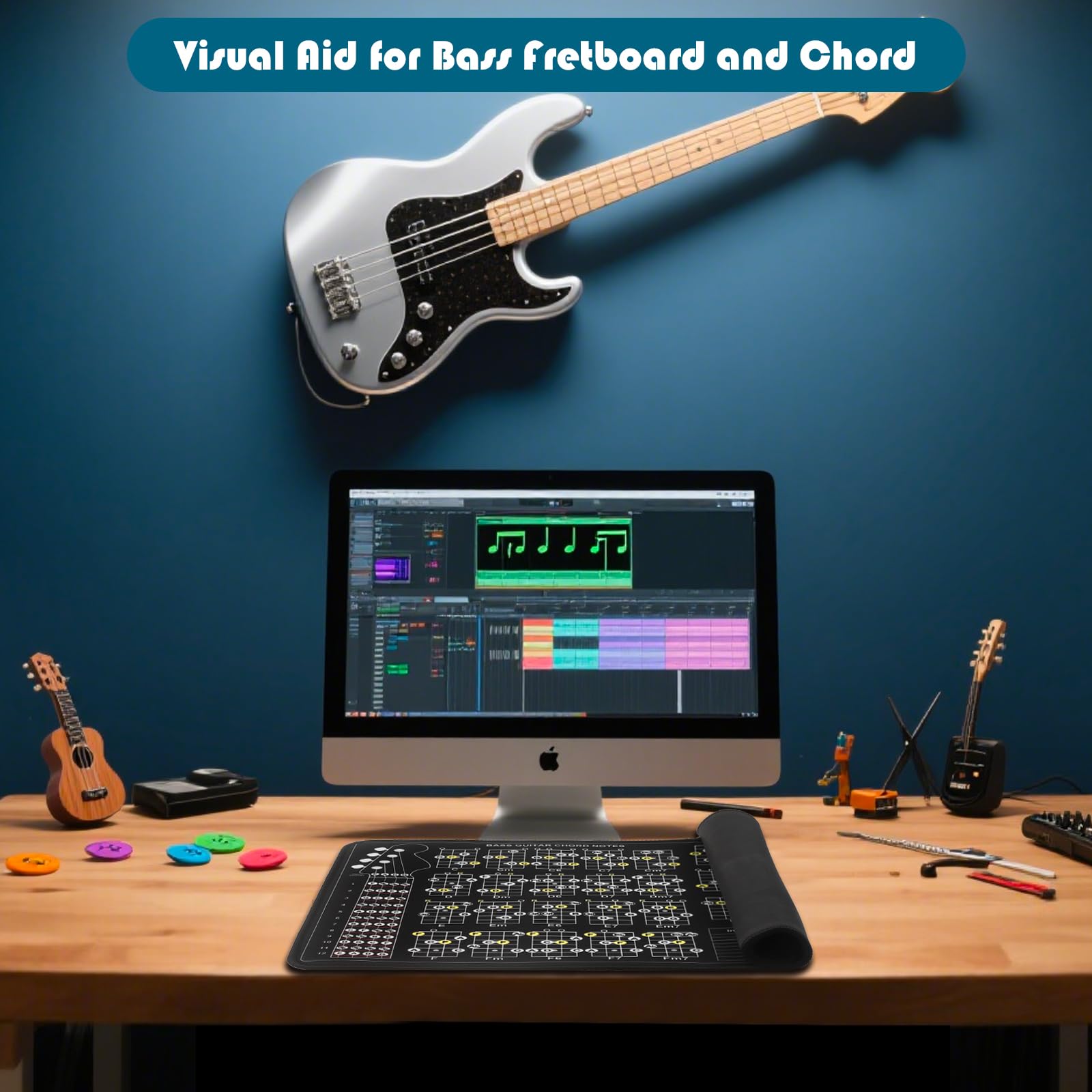 Enjoyard 4 String Bass Guitar Practice Mat Bass Theory Mat With Fretboard Notes Bass Guitar Chord Notes Interval Knowledge Chord