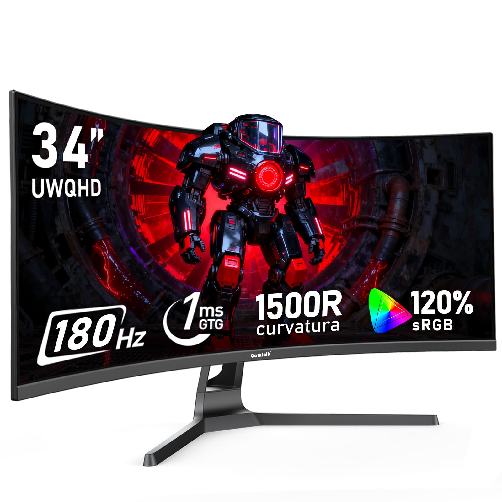 Gawfolk 34 Inch Ultrawide Curved 180Hz Gaming Computer Monitor,1500R PC Screen 21:9 UWQHD (3440x1440),120% sRGB,Adaptive Sync,17
