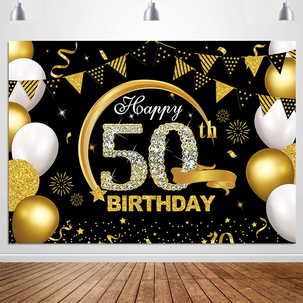 7X5Ft Happy 50Th Birthday Banner Backdrop Black And Gold 50Th Birthday Decorations For Men Women 50 Birthday Sign Party Supplies