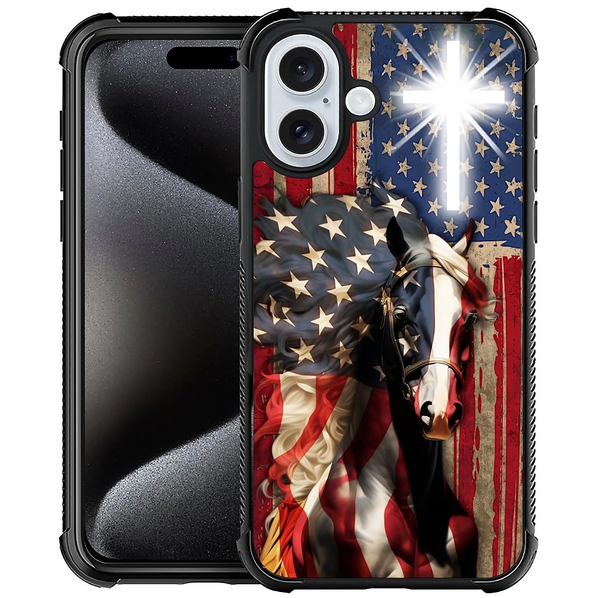 Fkbrcl4U For Iphone 16 Case, Red American Flag Horse Cross Pattern Graphic Design Girl Boy Soft Silicone Hard Acrylic Shock Prot