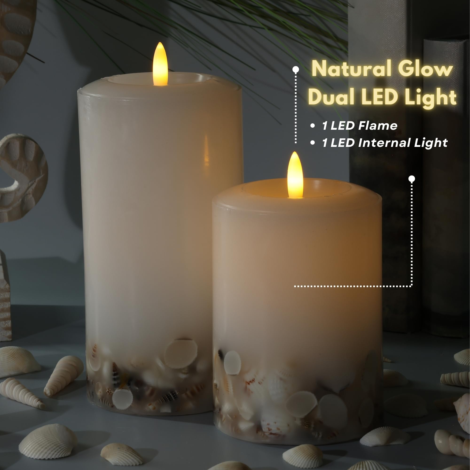 Lumipur Signature Coastal Collection Natural Glow Flickering Flameless Led Wax Pillar Candle With Seashell Embed (White, 3.5'' X