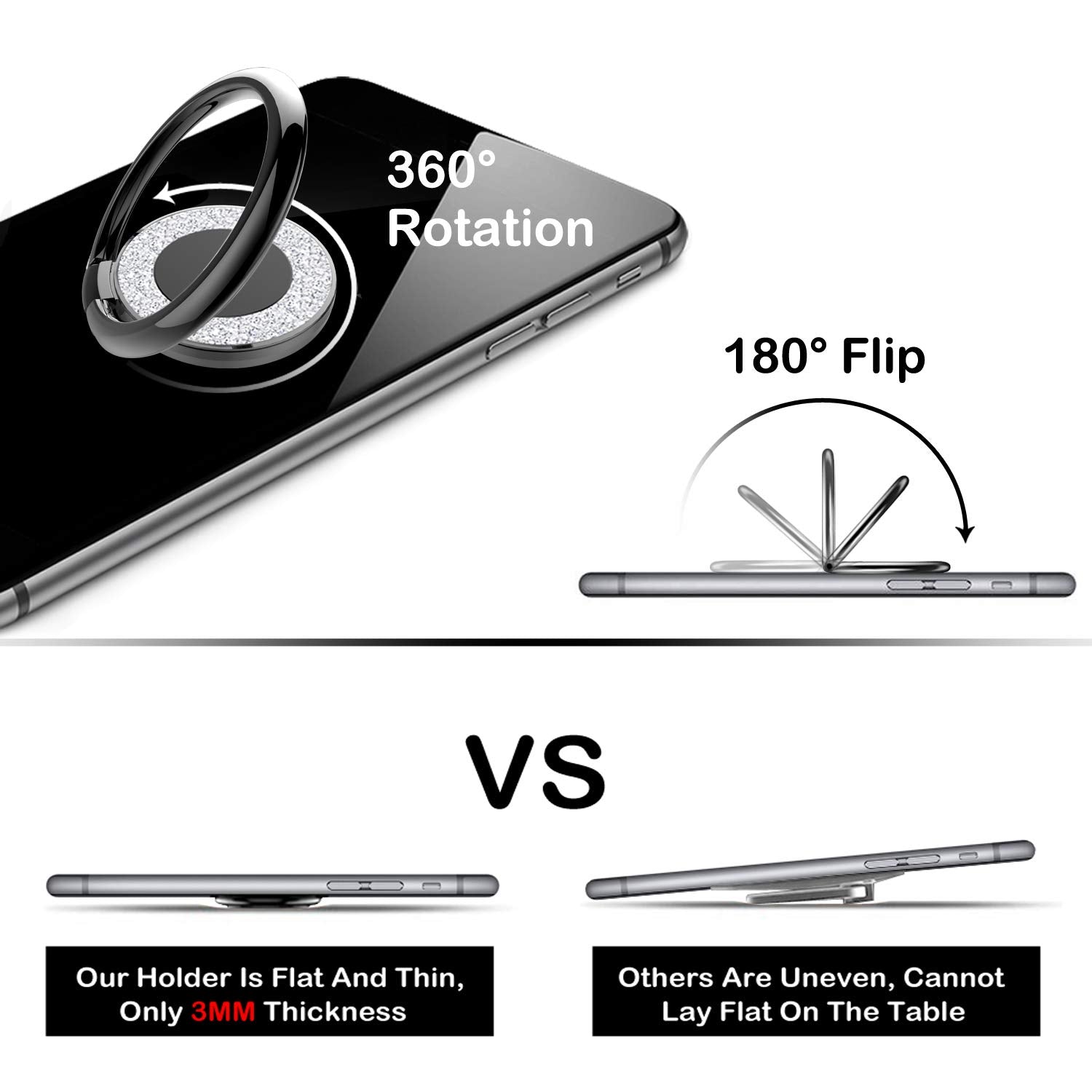 Pikabo Cell Phone Ring Holder Stand, Cell Phone Grip Holder, Adhesive Phone Grip For Phones And Cases. (Glitter Silver)