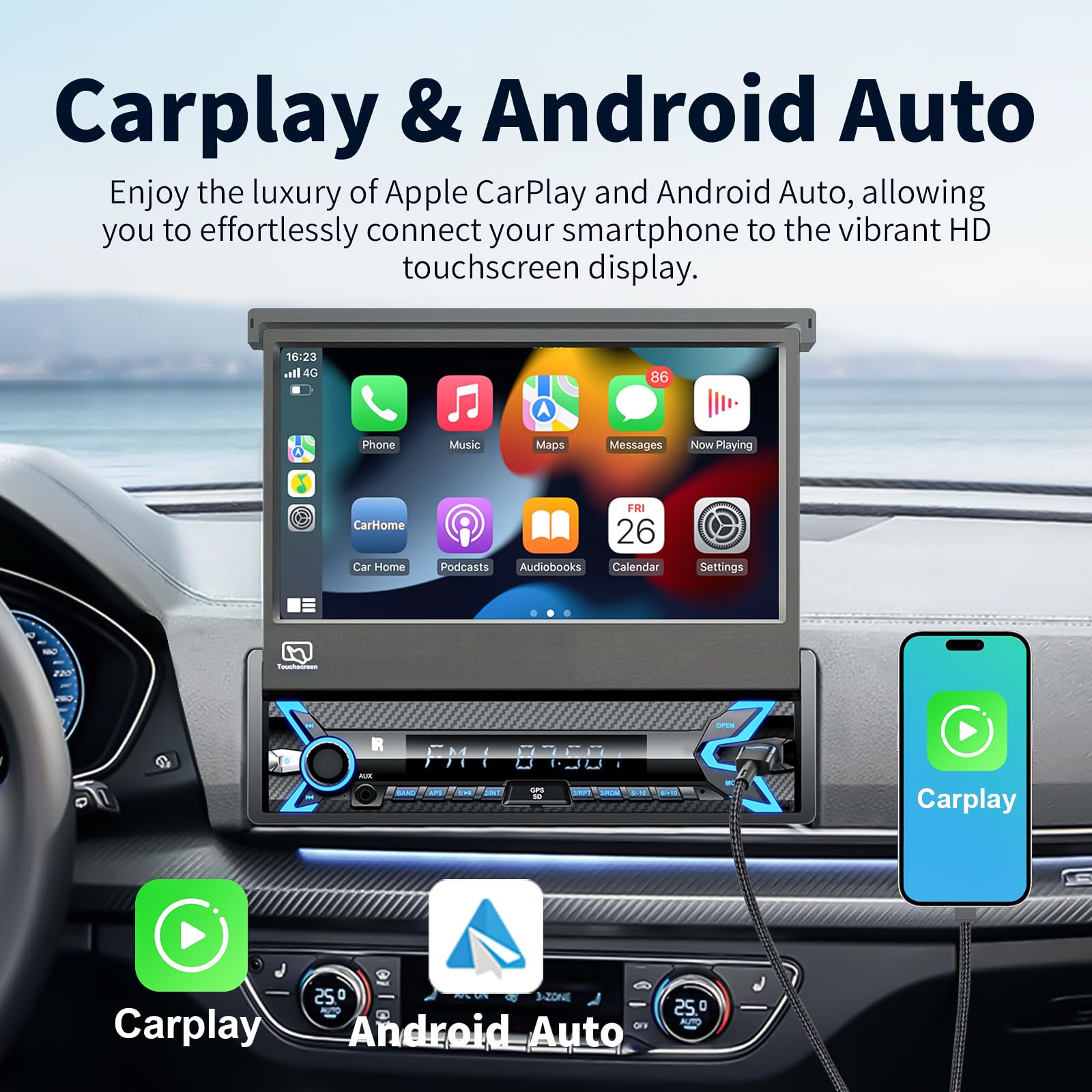 (Motorized) Single Din Car Stereo Compatible With Apple Carplay & Android Auto 7 Inch Flip Out Touchscreen Car Stereo With Bluet