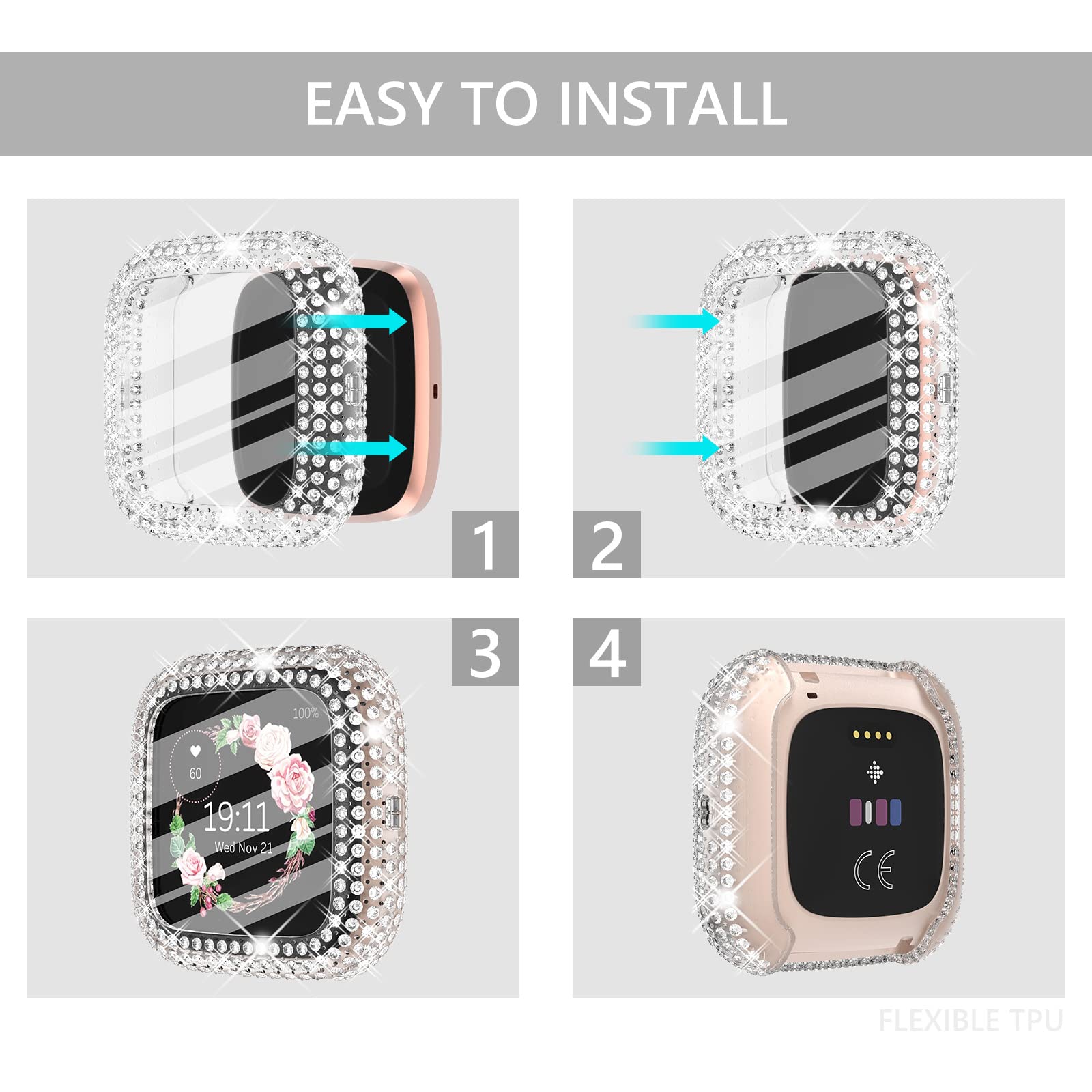 Chanchy 4 Pack Bling Case Compatible With Fitbit Versa 2, Over 200 Crystal Soft Tpu Full Protective Case Cover Bumper For Fitbit