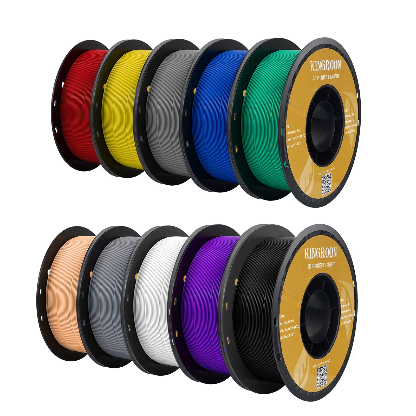 Kingroon PETG 3D Printer Filament, 10 Rolls, Dimensional Accuracy +/- 0.03 mm, 10kg Spool(22lbs), 1.75 mm,Black White Grey Red B