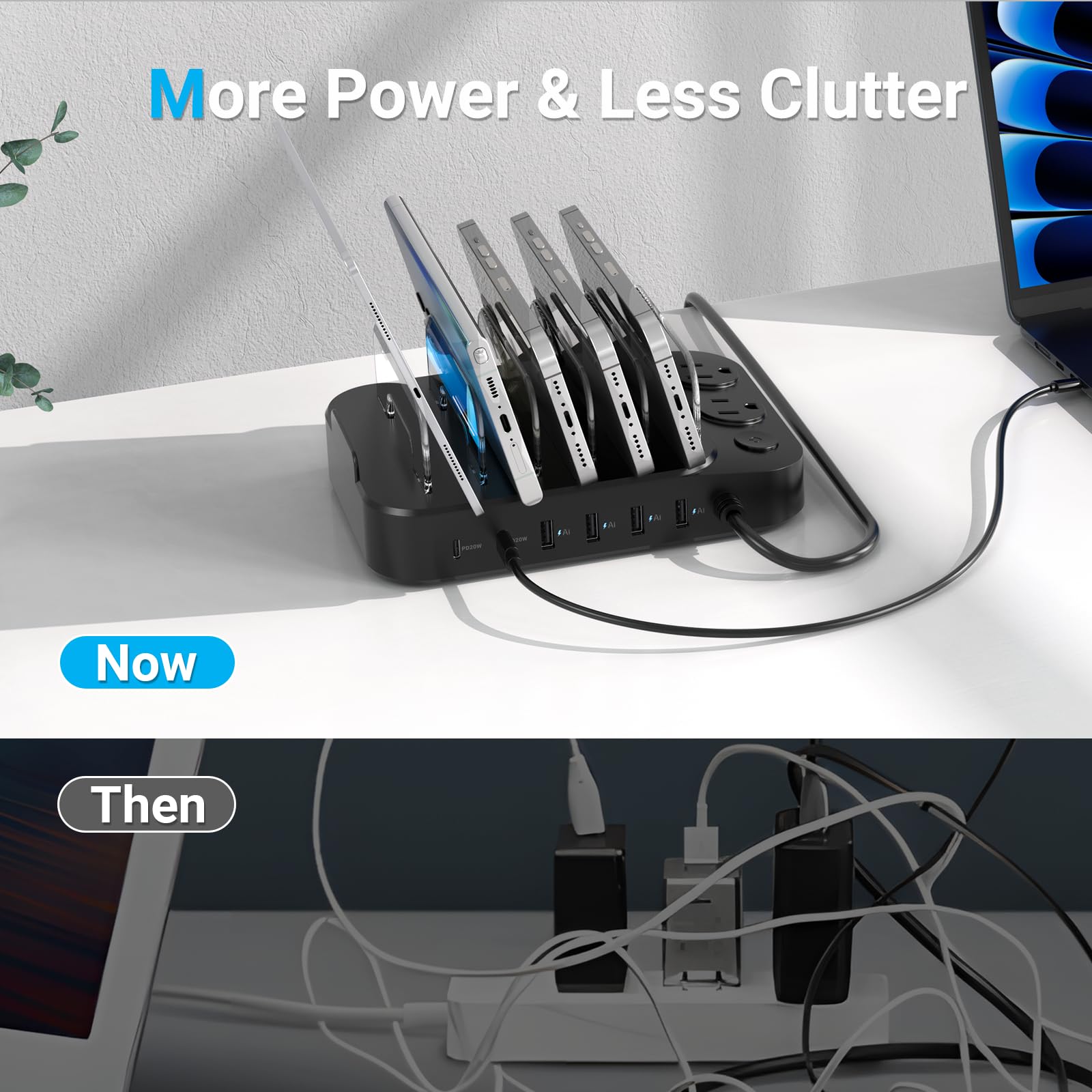 Catlyn 8-Port Charging Station with 6 Mixed Cables - Black Charger Dock for Phones, Tablets, iPhone, iPad, Kindle - Home & Office Organizer