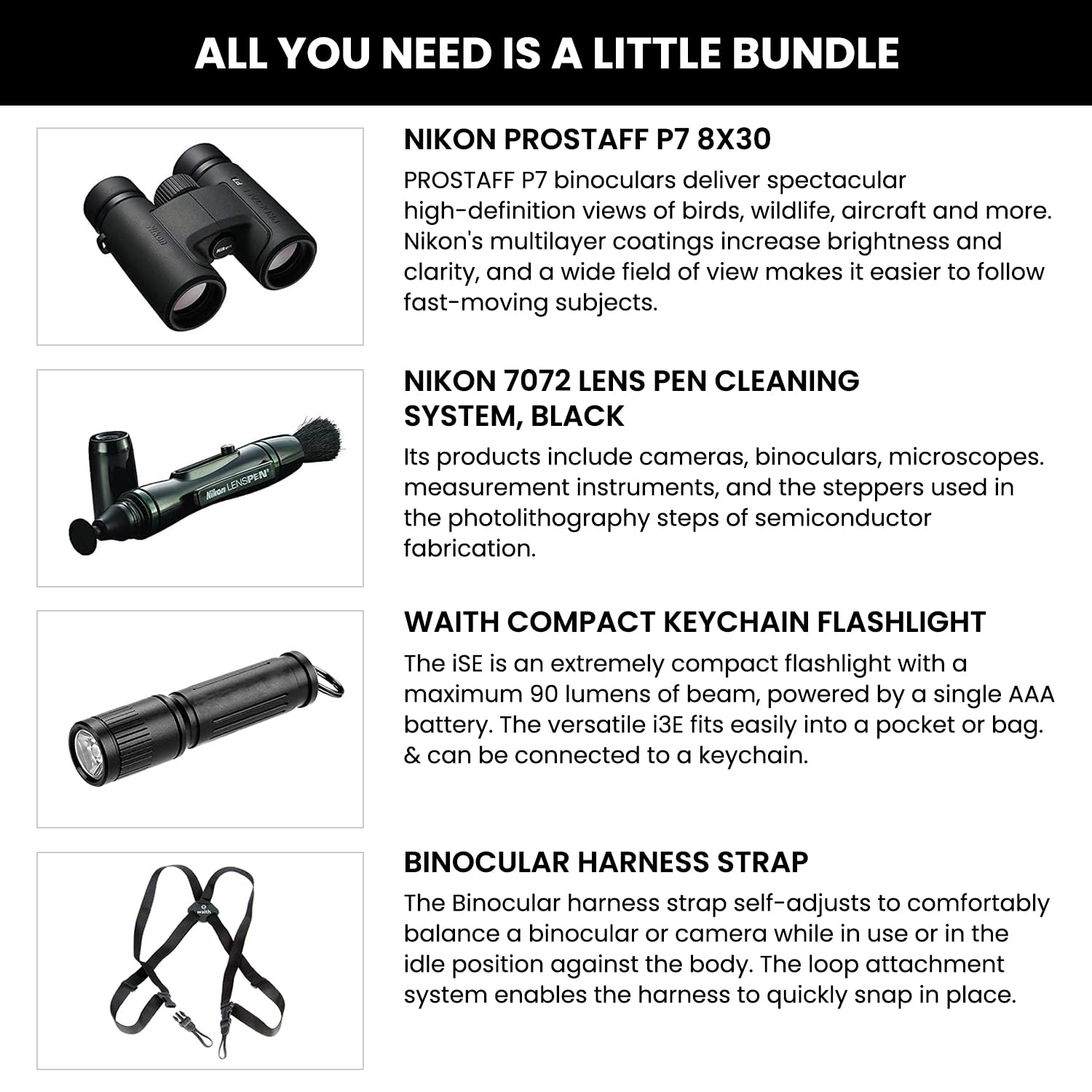 Nikon Prostaff P7 8X30 Waterproof Binocular For Adults | Small & Compact Travel Binoculars For Bird Watching | Binocular Harness