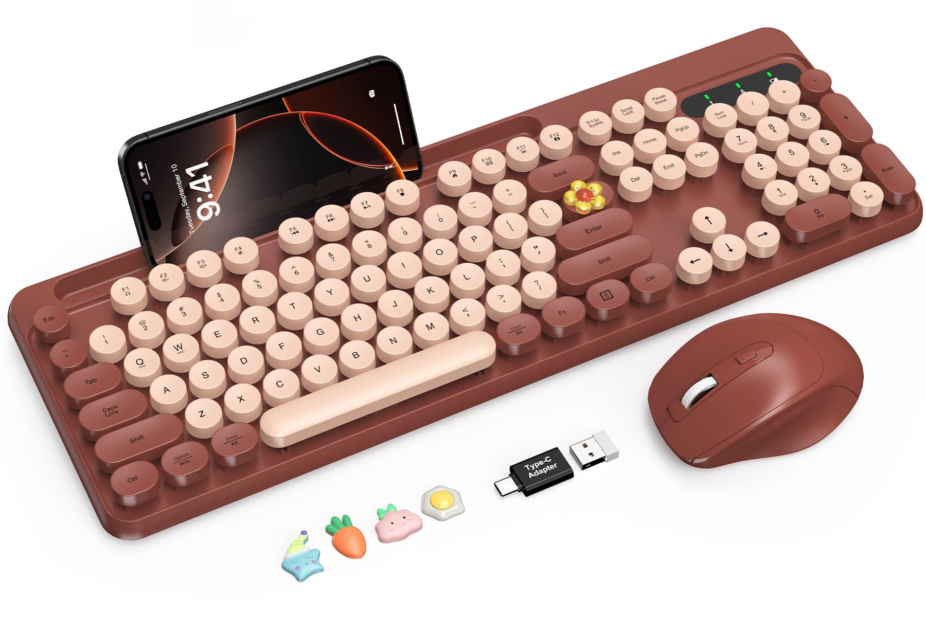 Wireless Keyboard and Mouse Combo, Retro Round Keycaps, Full-Size Stylish Typewriter Keyboard with Phone/Tablet Holder, Ergonomi