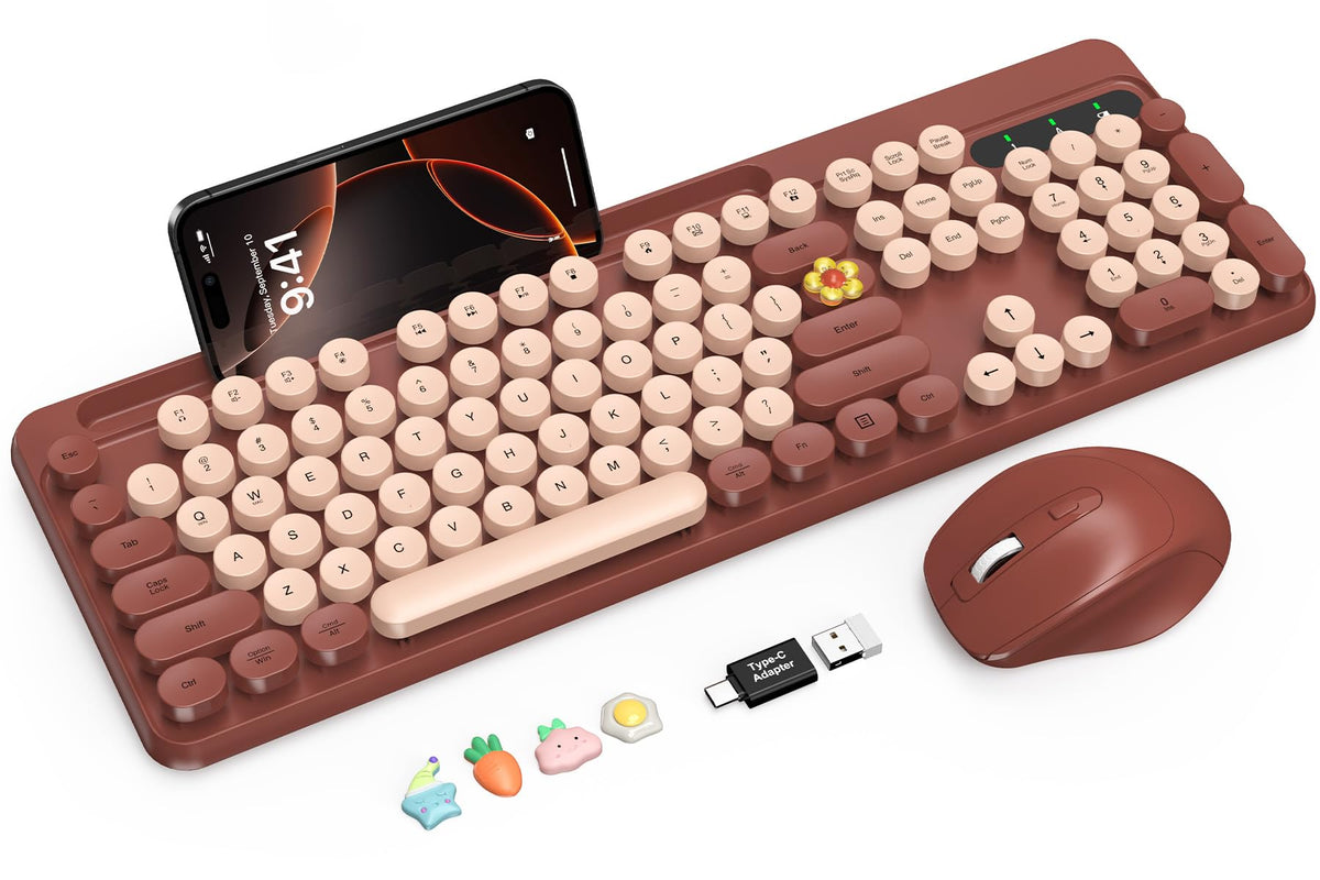 Wireless Keyboard and Mouse Combo, Retro Round Keycaps, Full-Size Styl ...